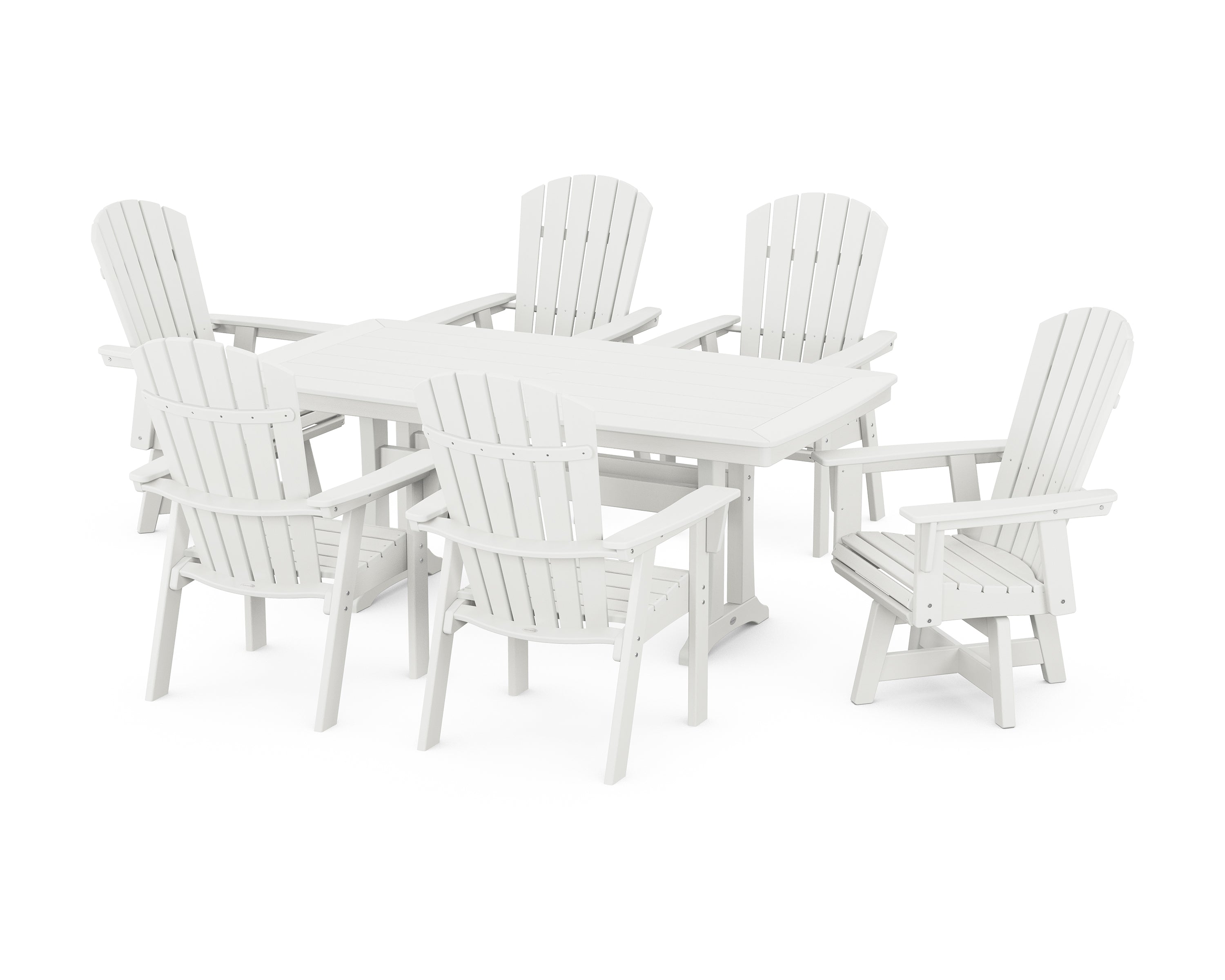 POLYWOOD® Nautical Curveback Adirondack Swivel Chair 7-Piece Dining Set with Trestle Legs in Vintage White