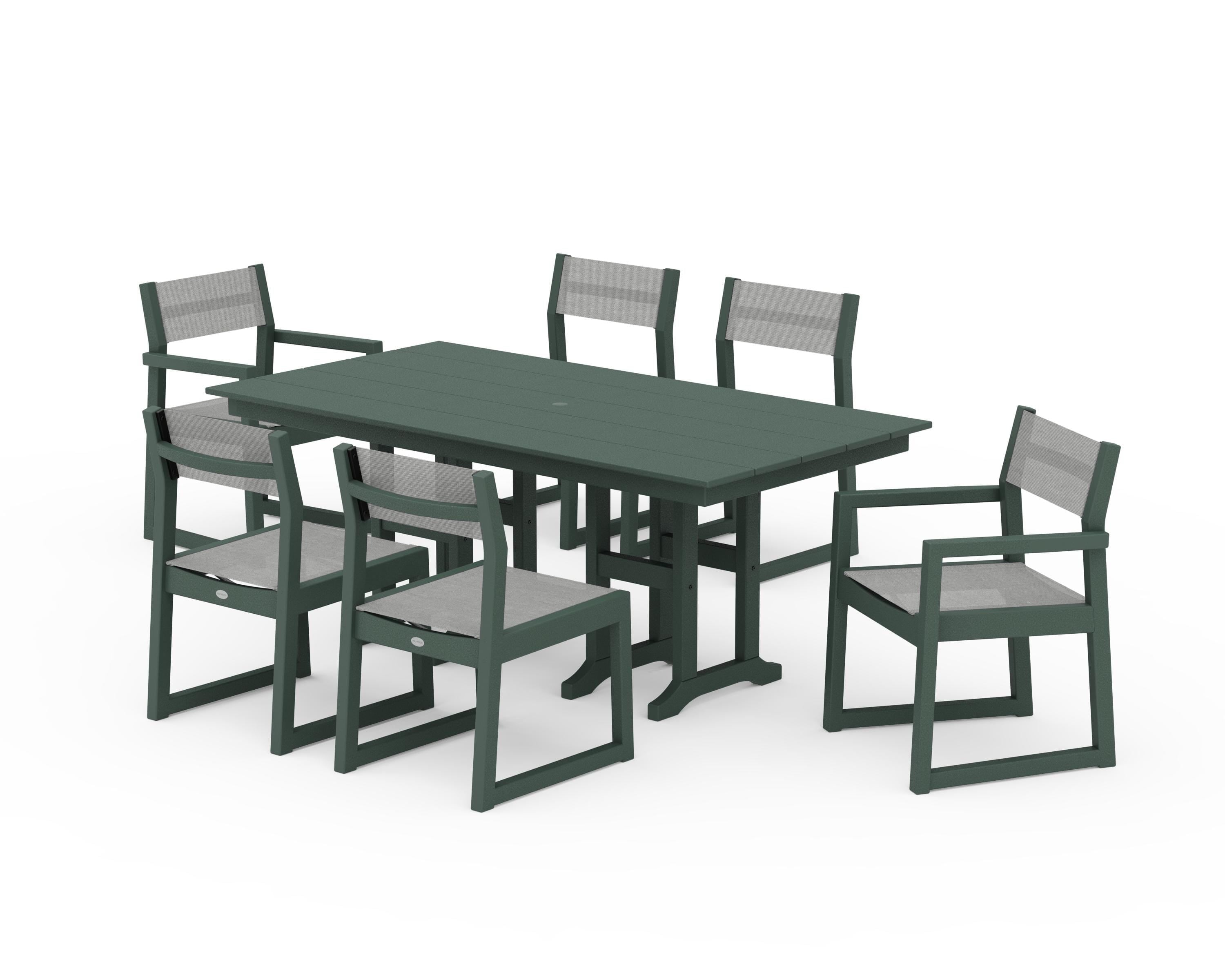 POLYWOOD EDGE Sling 7-Piece Farmhouse Dining Set in Green / Metallic Sling