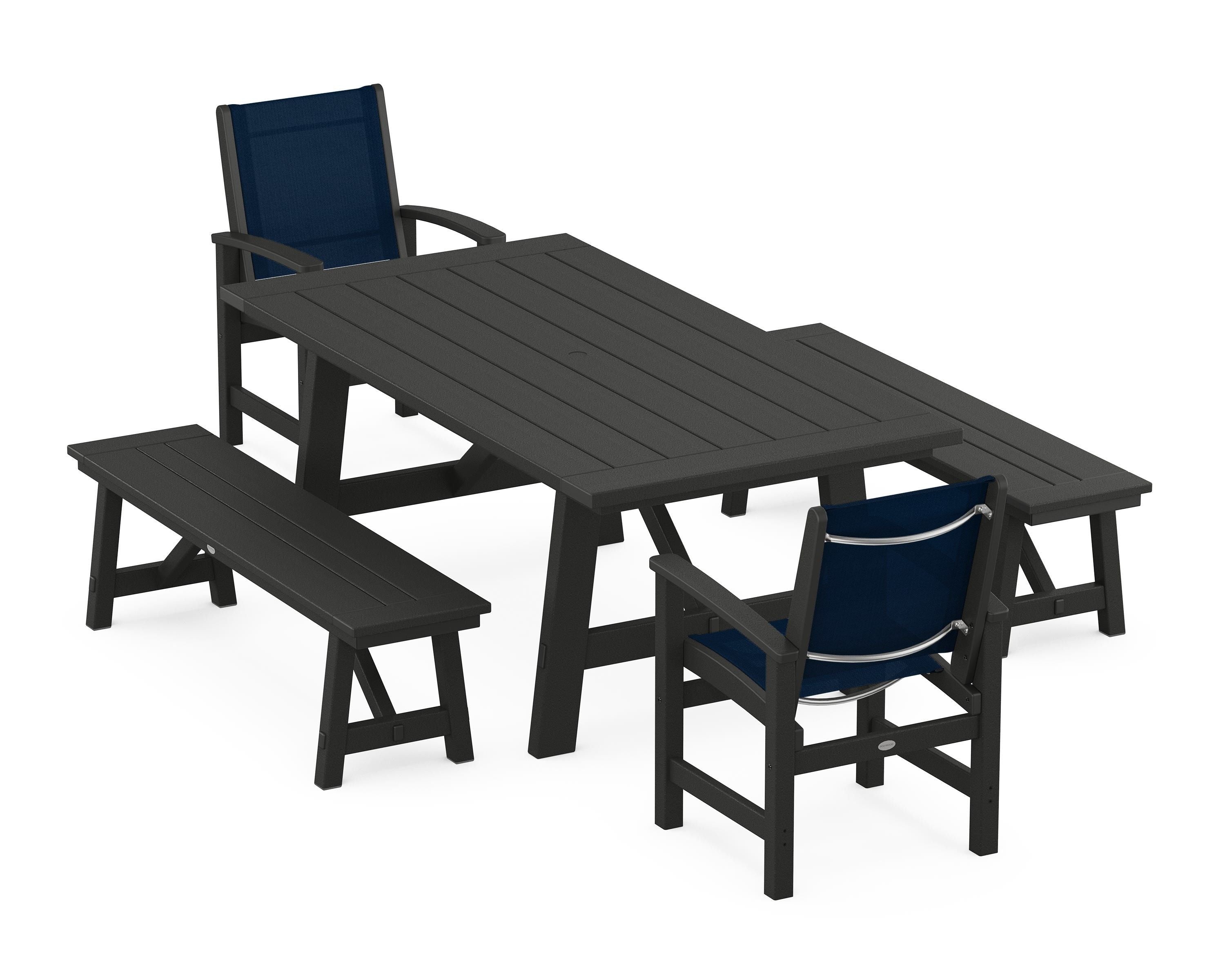 POLYWOOD Coastal 5-Piece Rustic Farmhouse Dining Set With Benches in Black / Navy Blue Sling