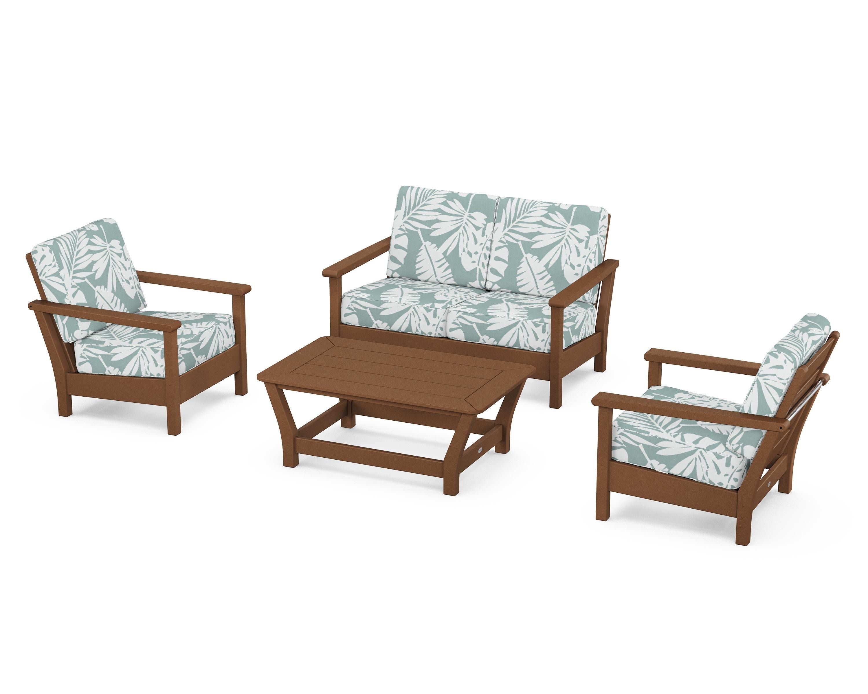 POLYWOOD Harbour 4-Piece Deep Seating Set in Teak / Leaf Glacier Spa