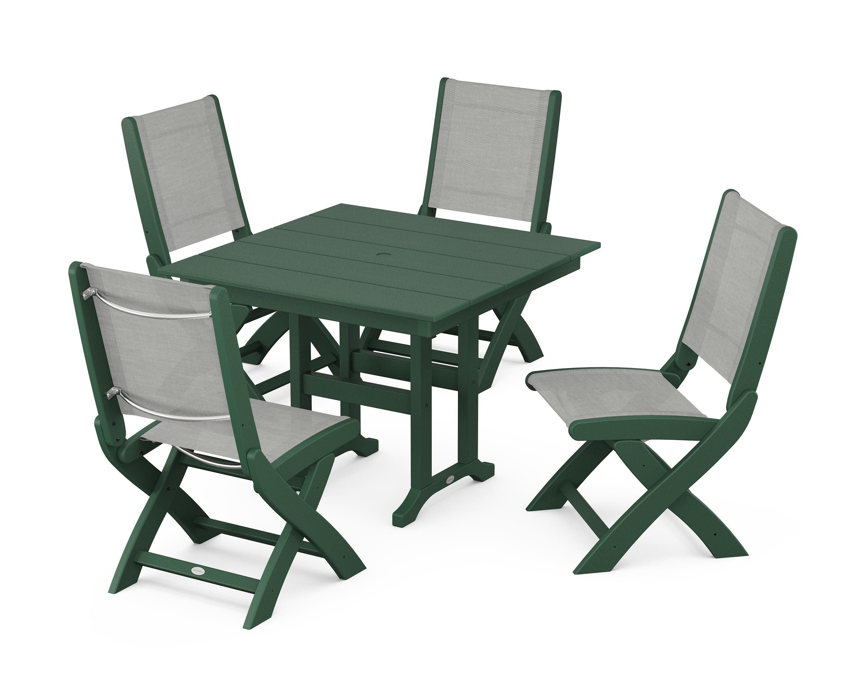 POLYWOOD Coastal Folding Side Chair 5-Piece Farmhouse Dining Set in Green / Metallic Sling