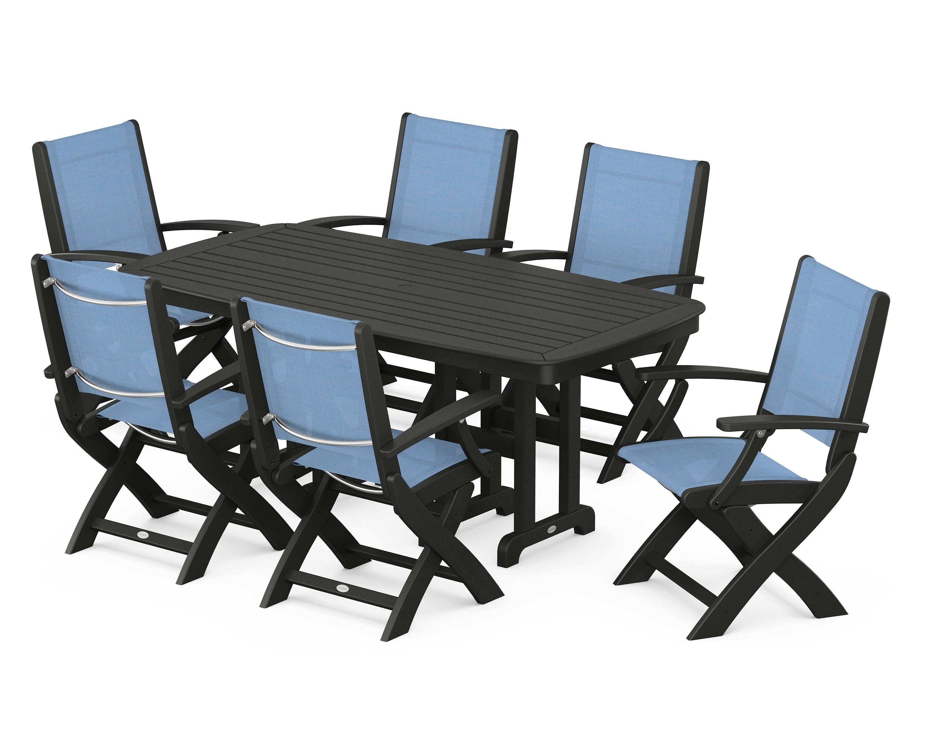 POLYWOOD Coastal Folding Arm Chair 7-Piece Dining Set in Black / Poolside Sling