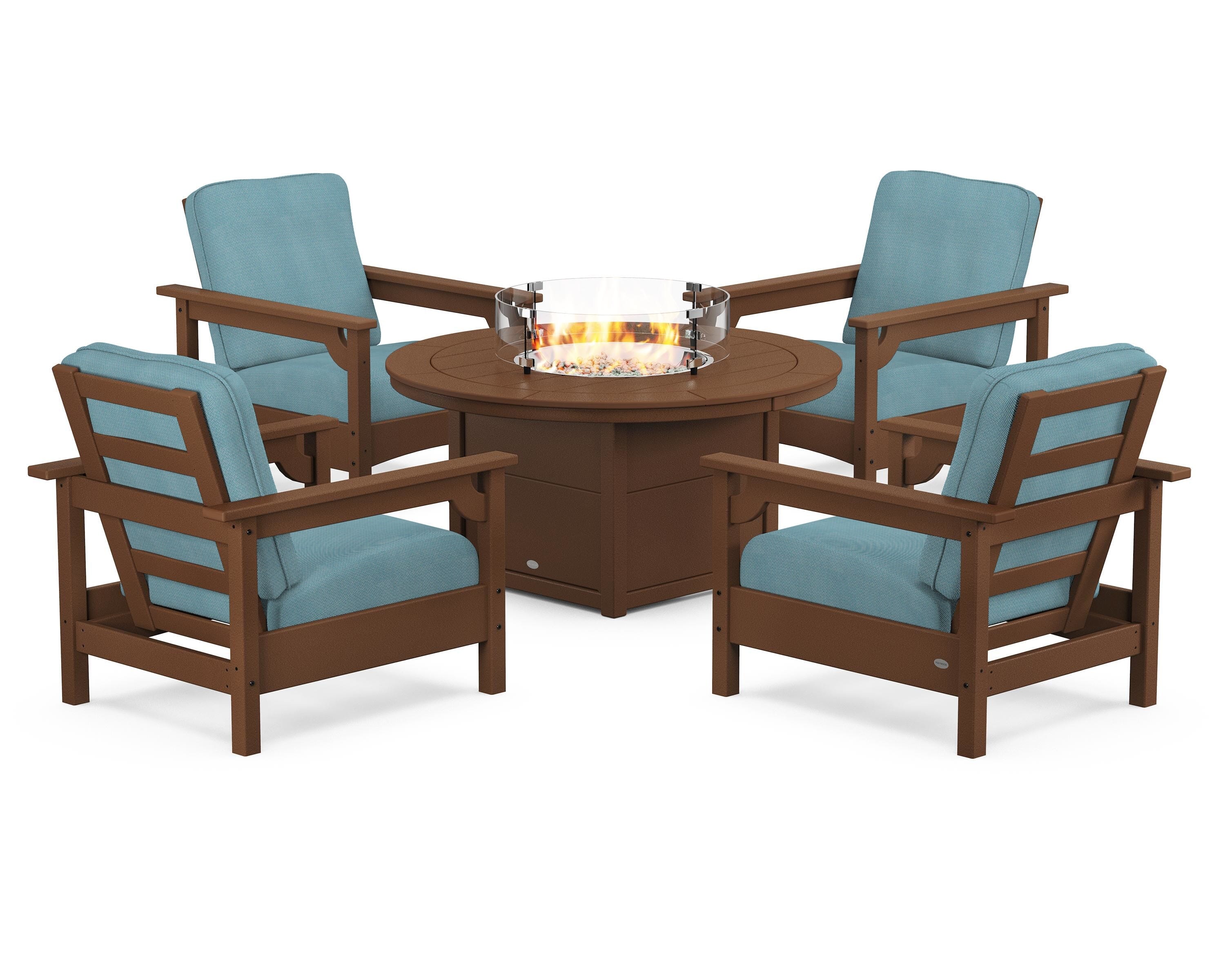 POLYWOOD Club 5-Piece Conversation Set with Fire Pit Table in Teak / Lattice Sky Blue