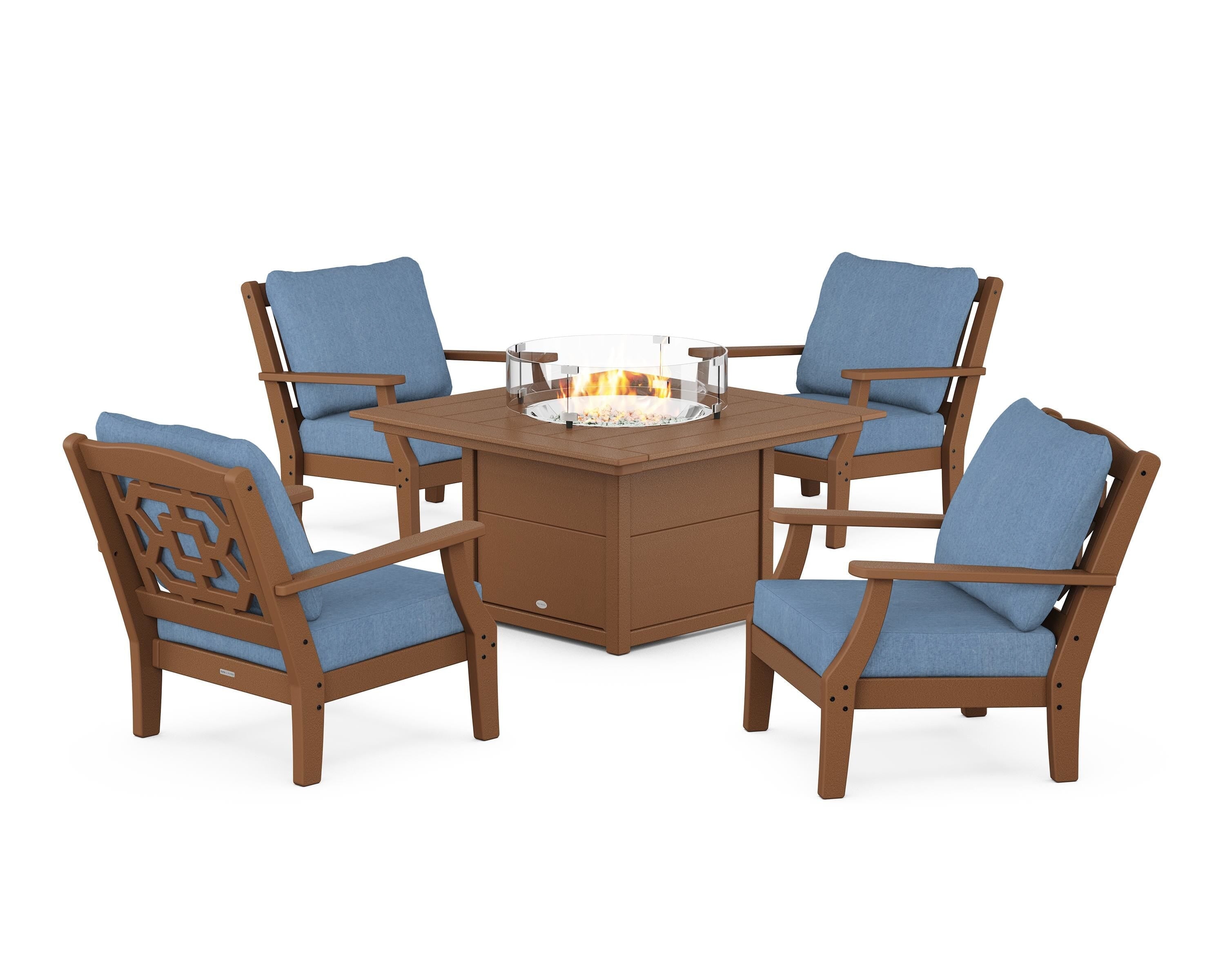 Martha Stewart by POLYWOOD Chinoiserie 5-Piece Deep Seating Set with Fire Pit Table in Teak / Sky Blue