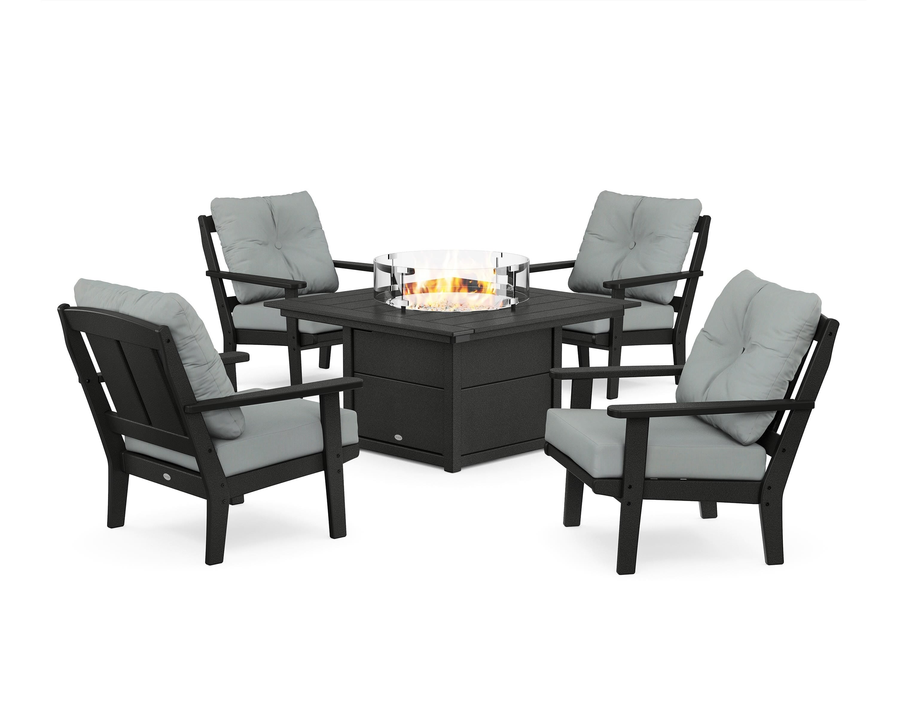 POLYWOOD Mission 5-Piece Deep Seating Set with Fire Pit Table in Black / Spa