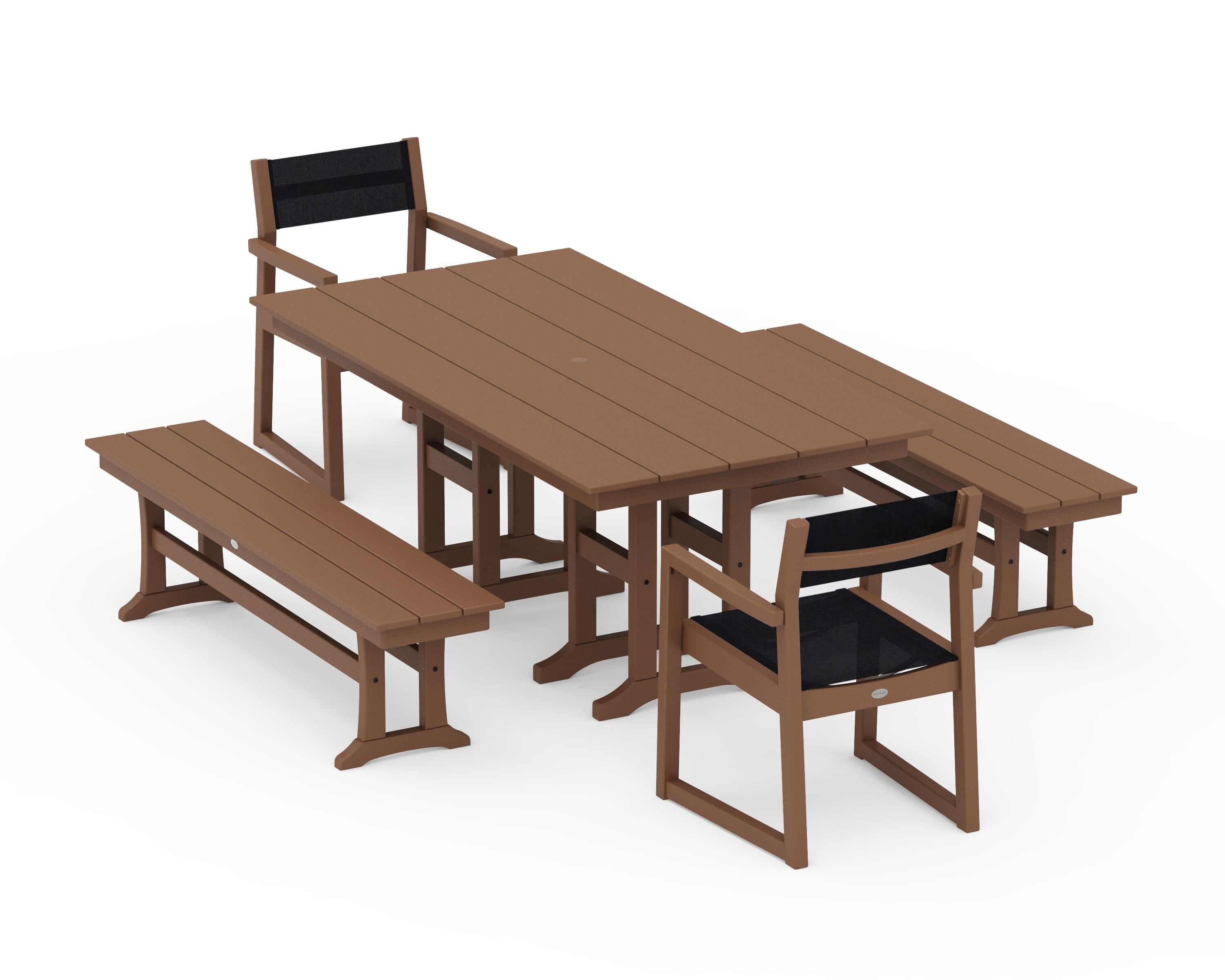 POLYWOOD EDGE Sling Arm Chair 5-Piece Farmhouse Dining Set with Benches in Teak / Black Sling