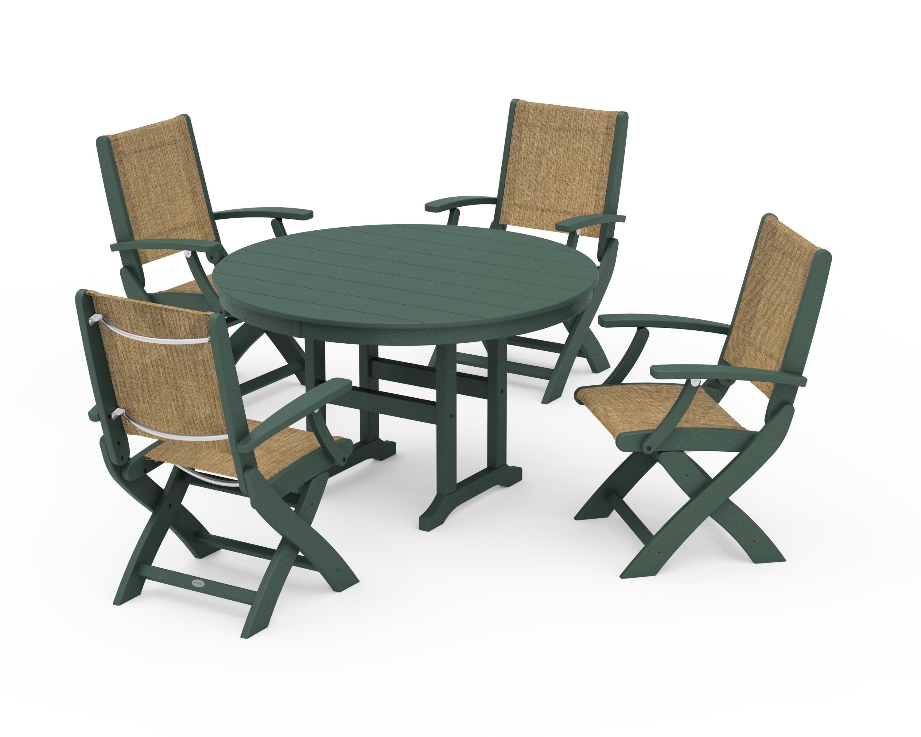 POLYWOOD Coastal Folding Chair 5-Piece Round Dining Set in Green / Burlap Sling