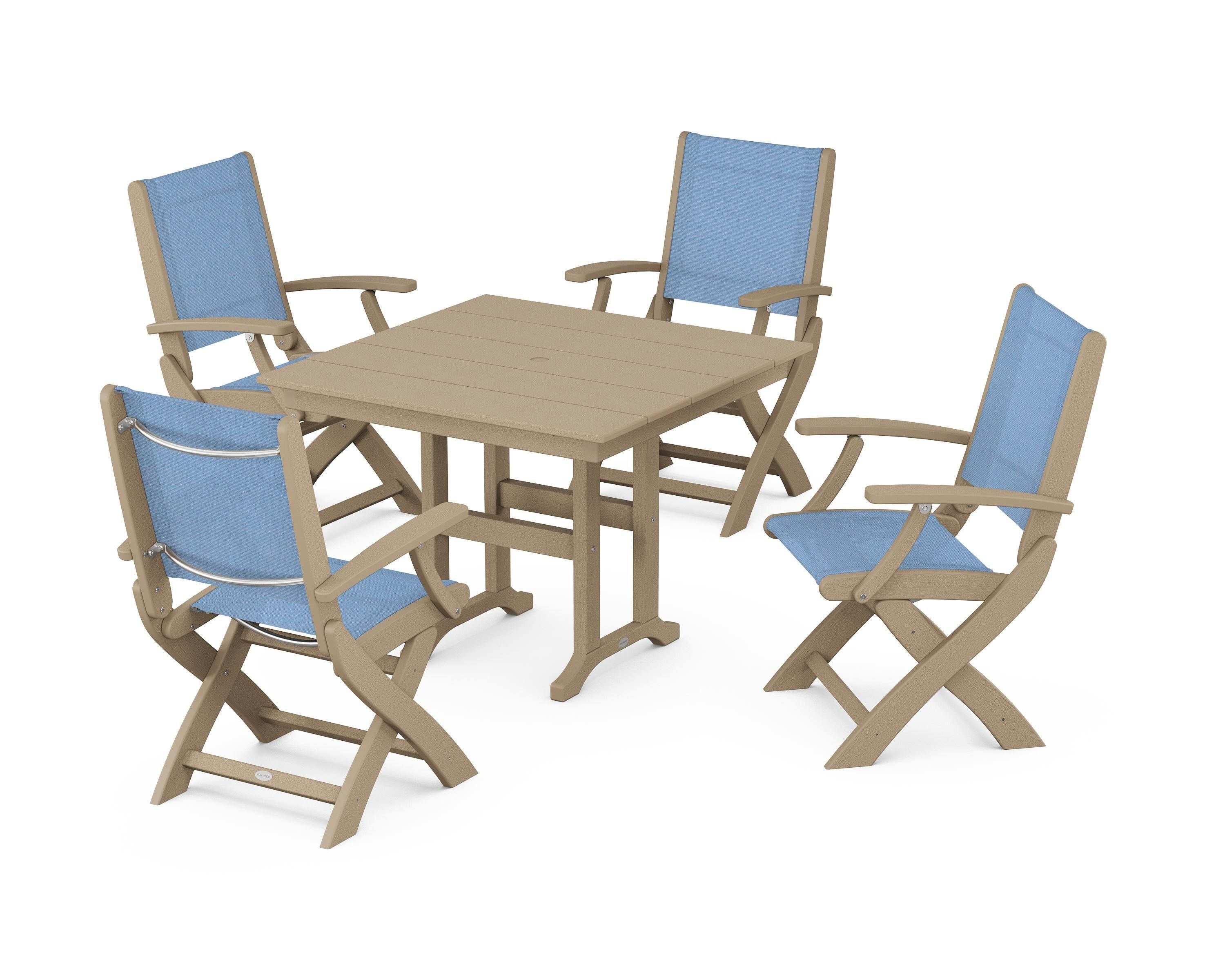 POLYWOOD Coastal Folding Chair 5-Piece Farmhouse Dining Set in Vintage Sahara / Poolside Sling