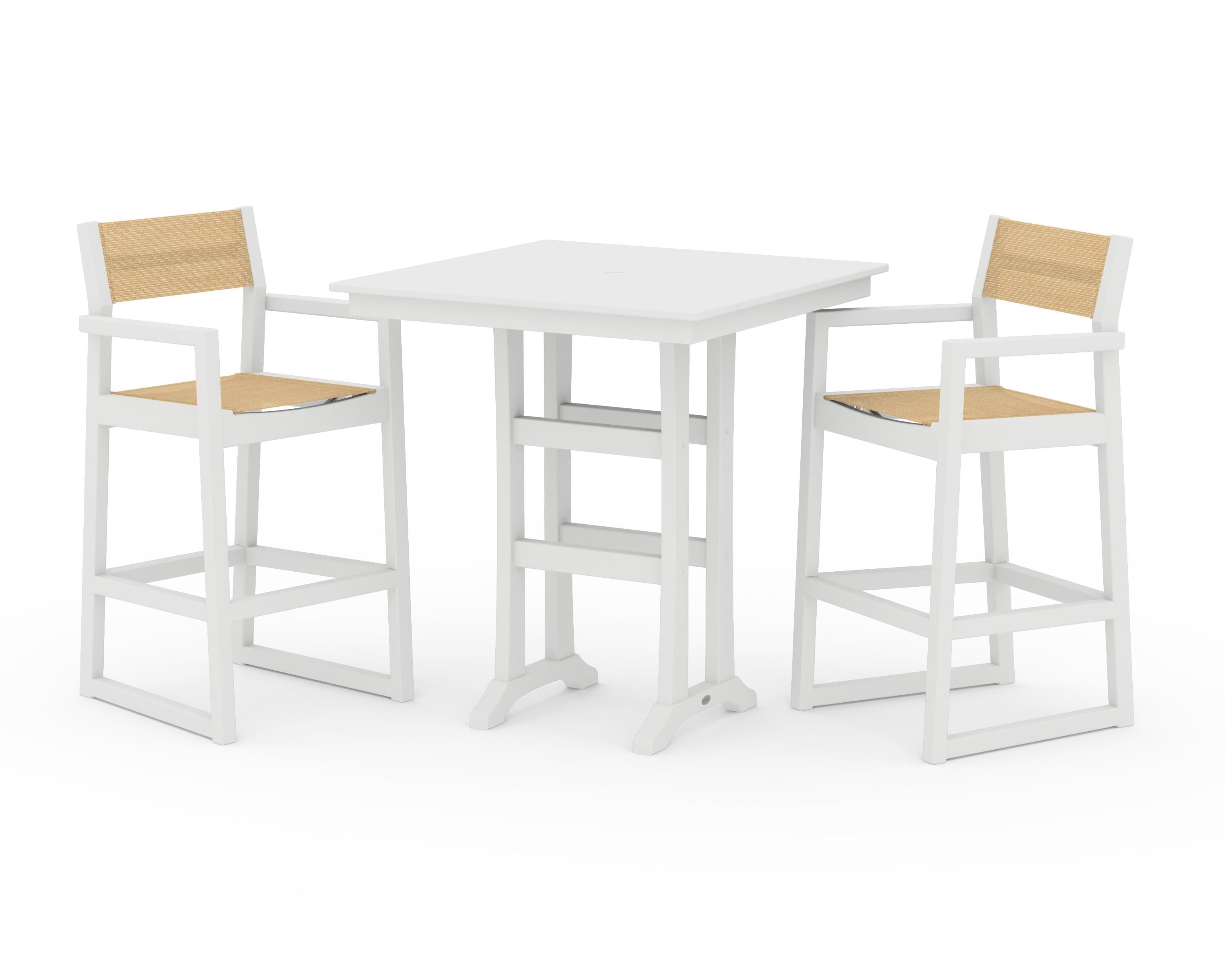 POLYWOOD EDGE Sling Arm Chair 3-Piece Farmhouse Bar Set with Trestle Legs in White / Dupioni Apricot Sling