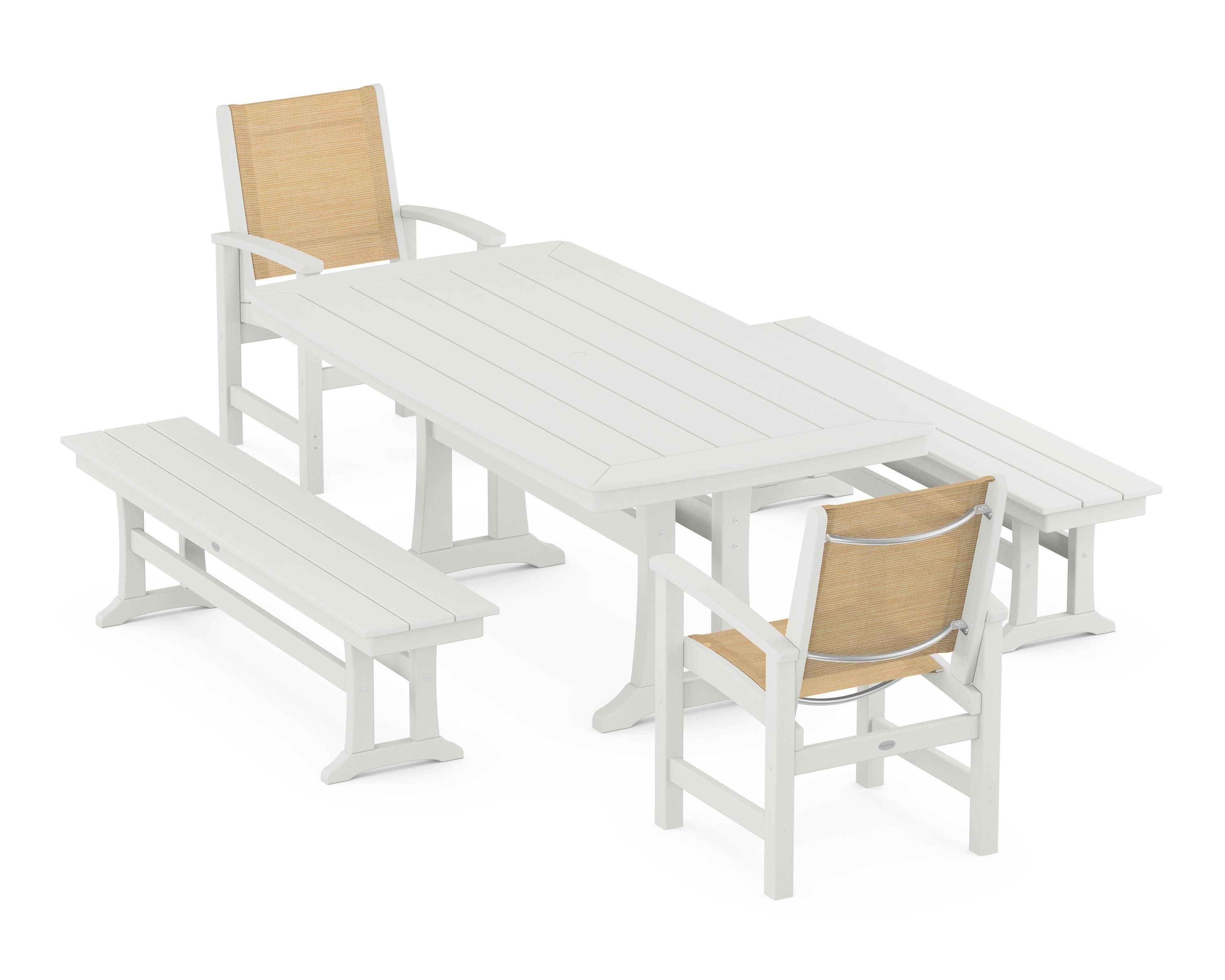 POLYWOOD Coastal 5-Piece Dining Set with Trestle Legs and Benches in Vintage White / Dupioni Apricot Sling