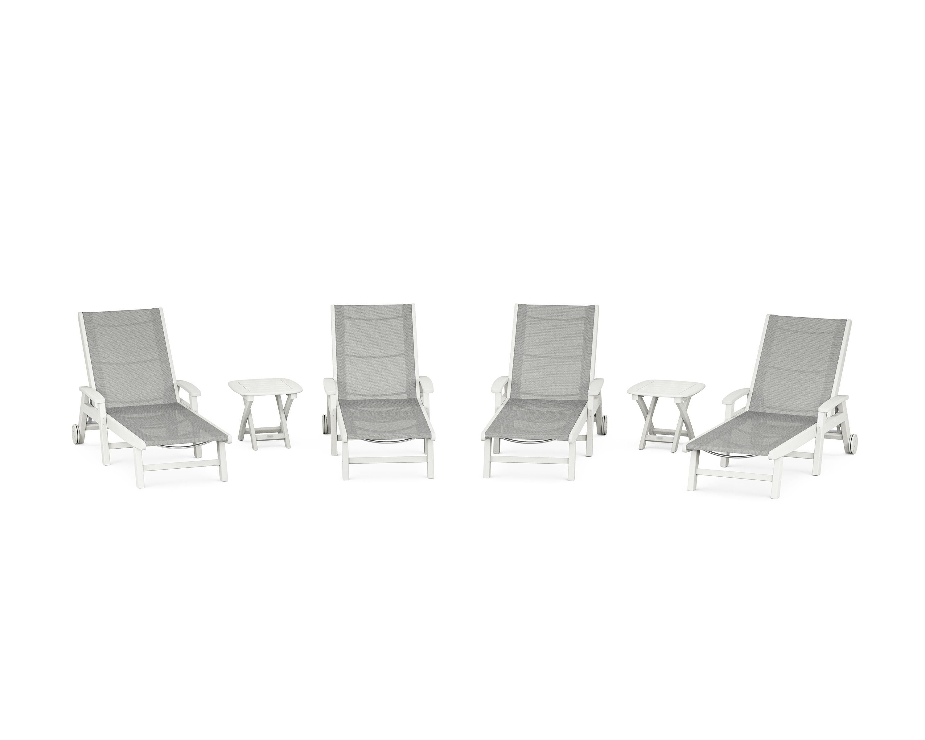 POLYWOOD Coastal Chaise 6-Piece Set with Wheels in Vintage White / Metallic Sling