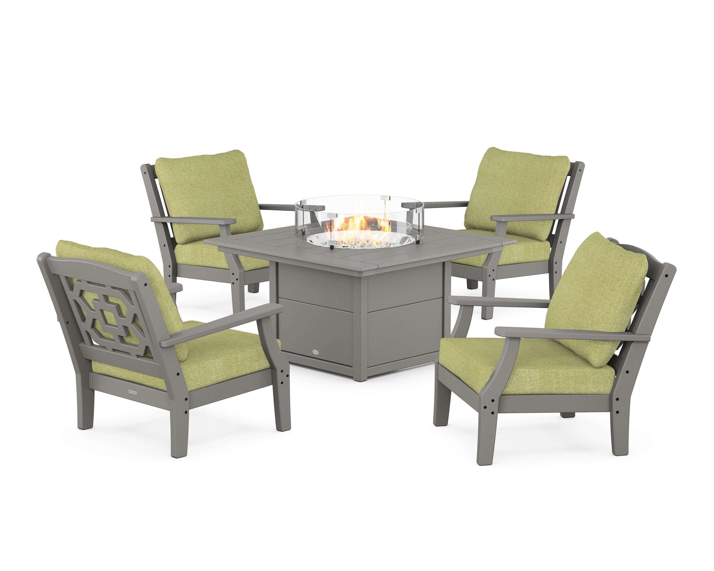 Martha Stewart by POLYWOOD Chinoiserie 5-Piece Deep Seating Set with Fire Pit Table in Slate Grey / Chartreuse Boucle