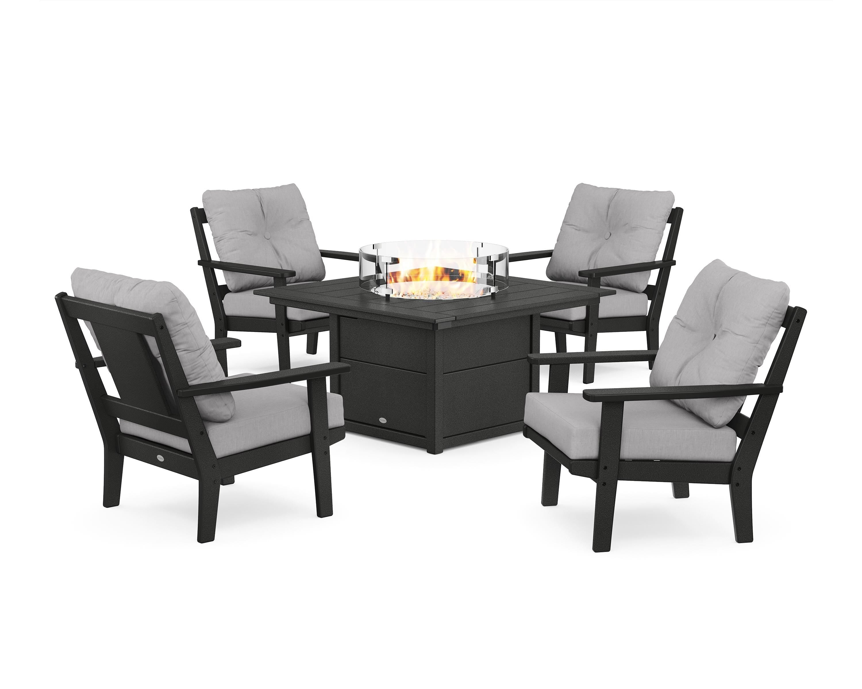 POLYWOOD Prairie 5-Piece Deep Seating Set with Fire Pit Table in Black / Granite