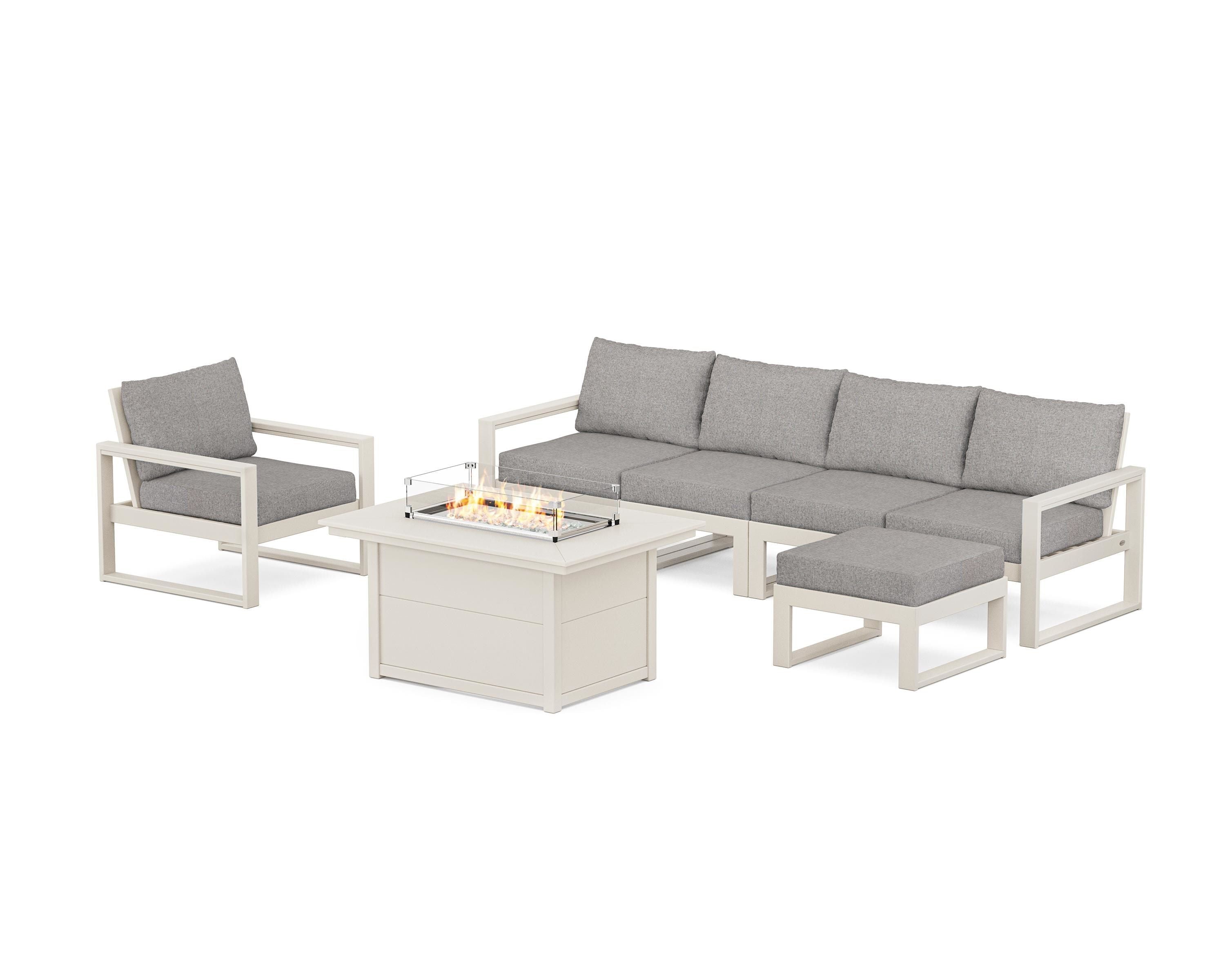 POLYWOOD EDGE Sectional Lounge and Fire Pit Set in Sand / Grey Mist