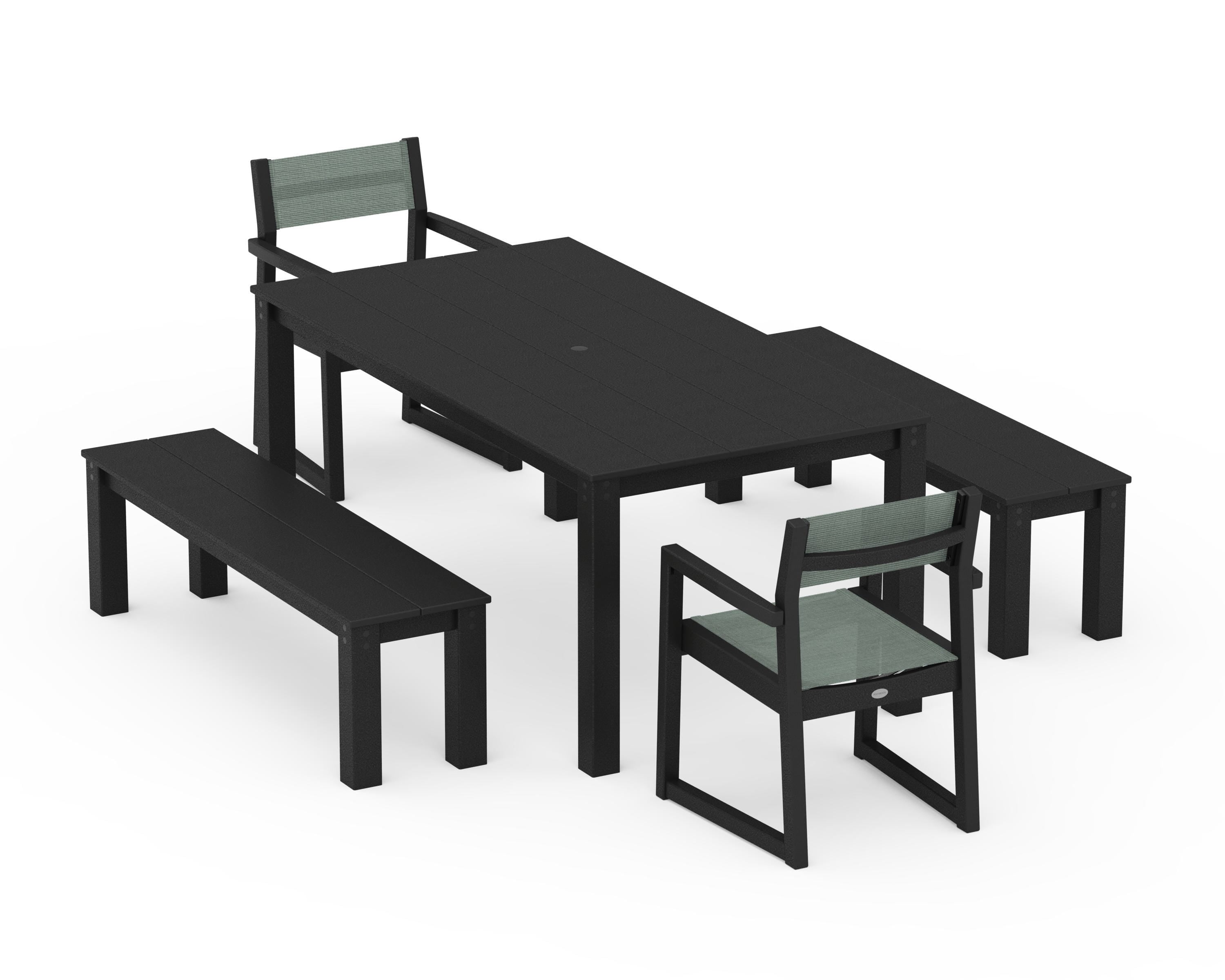 POLYWOOD EDGE Sling Arm Chair 5-Piece Parsons Dining Set with Benches in Black / Dupioni Sea Mist Sling