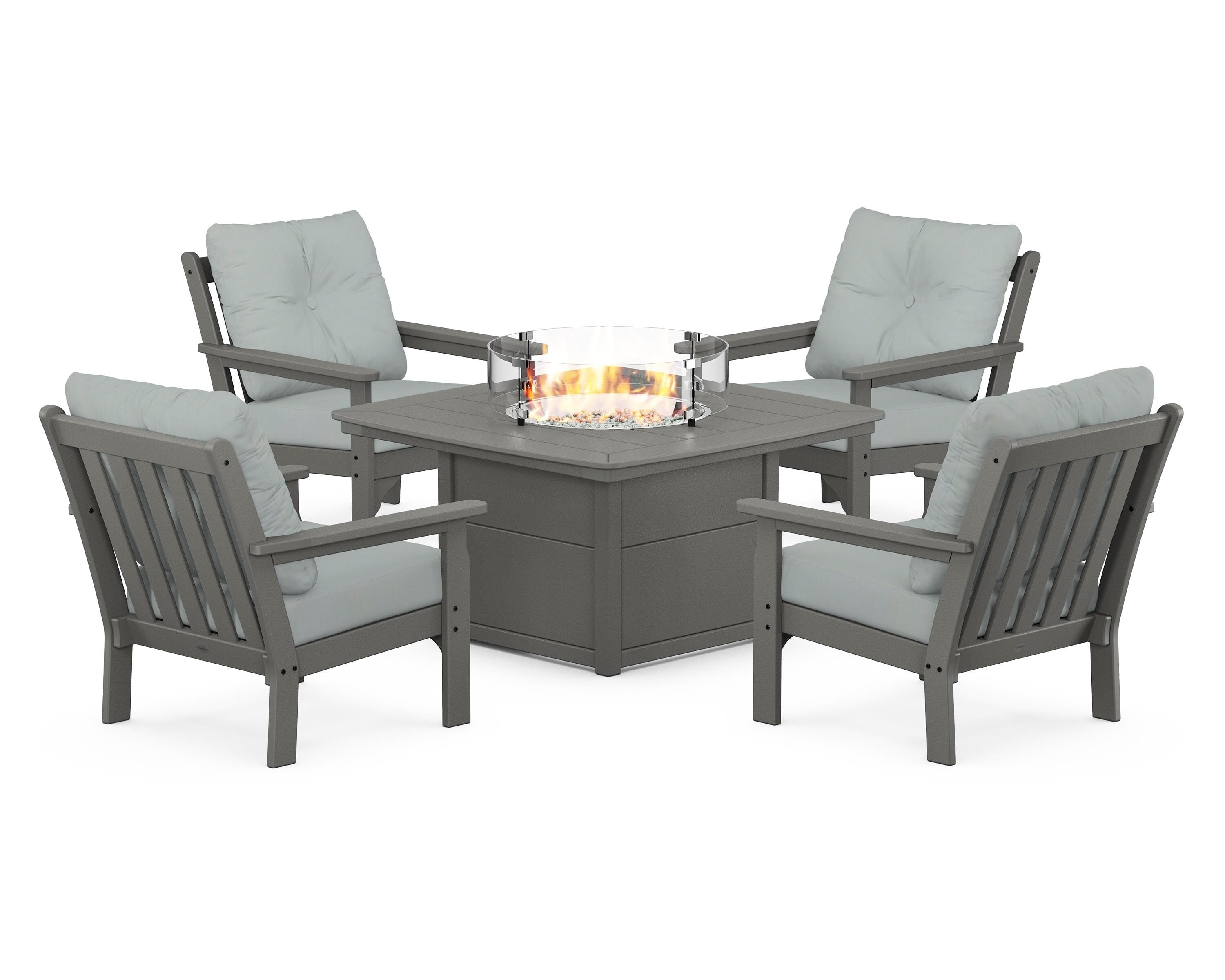 POLYWOOD Vineyard 5-Piece Conversation Set with Fire Pit Table in Slate Grey / Spa