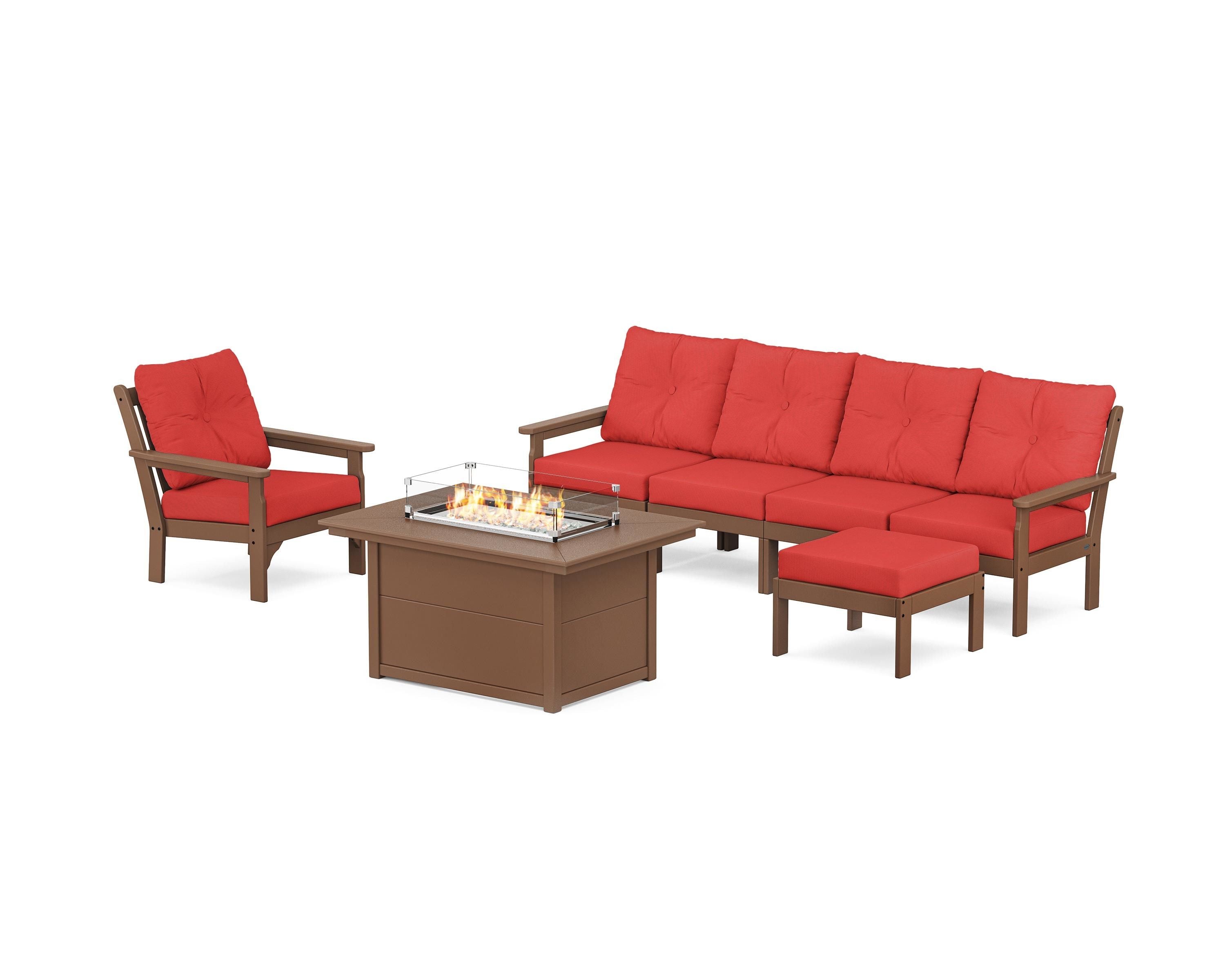 POLYWOOD Vineyard Sectional Lounge and Fire Pit Set in Teak / Crimson Linen