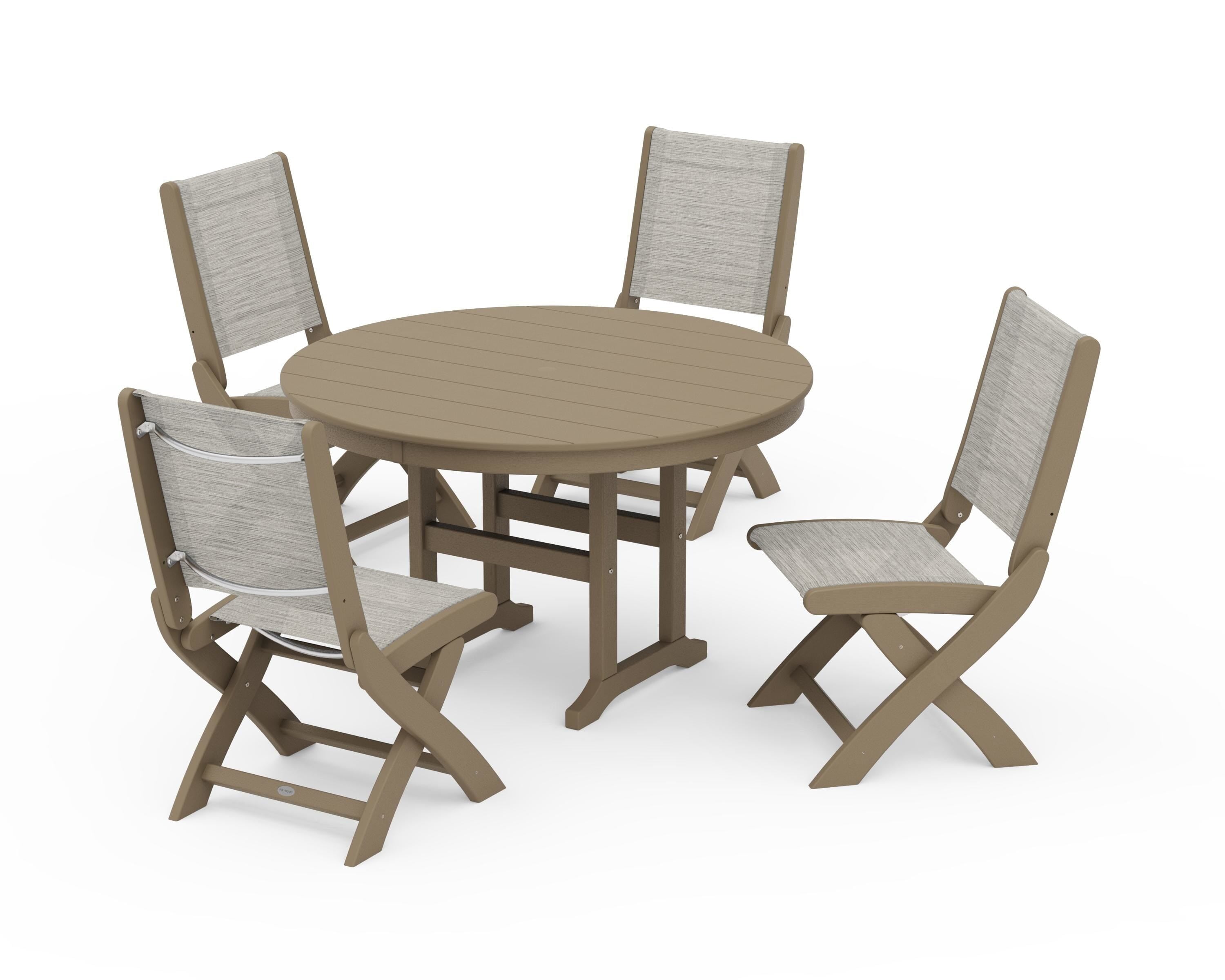 POLYWOOD Coastal Folding Side Chair 5-Piece Round Dining Set in Vintage Sahara / Birch Sling