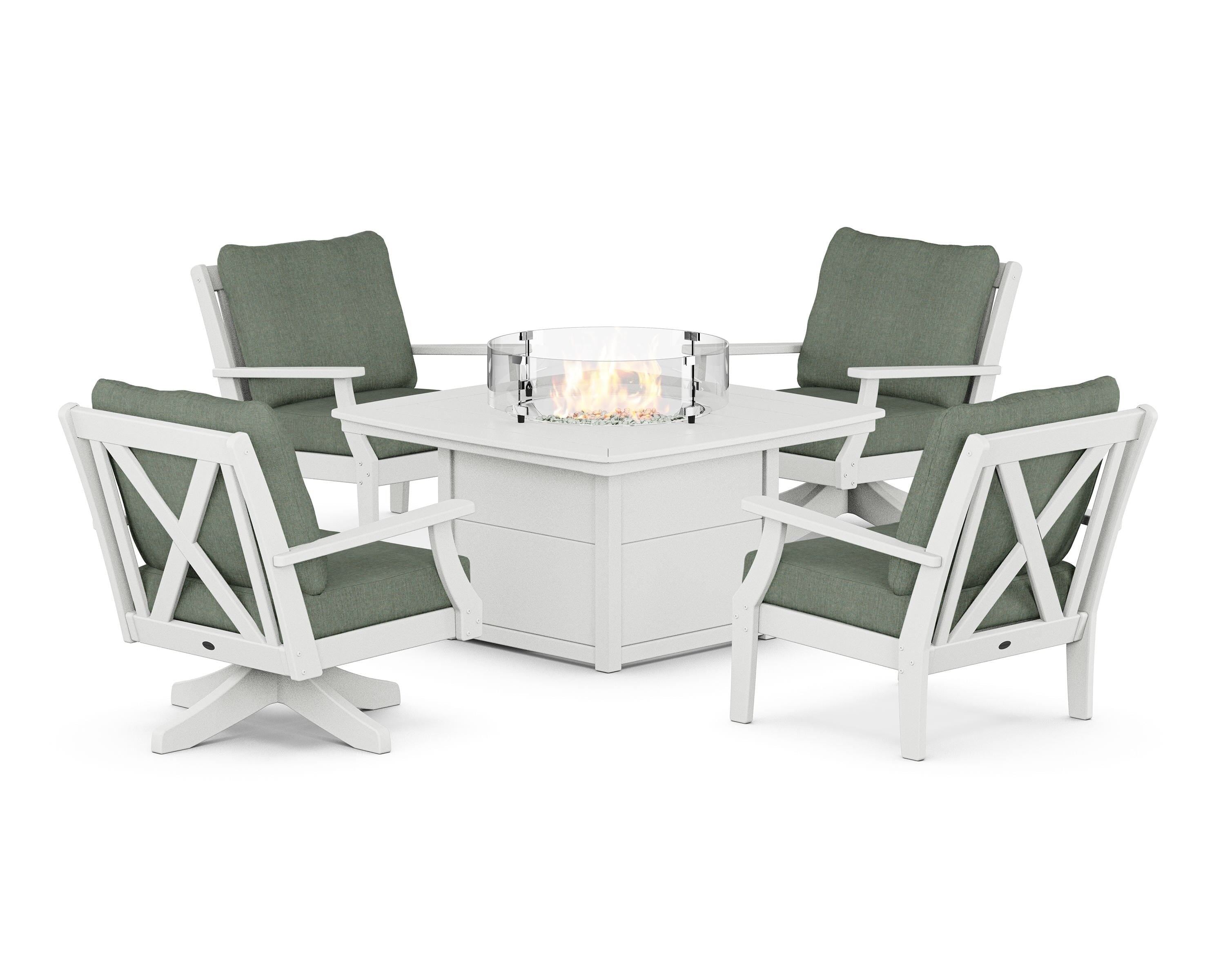 POLYWOOD Braxton 5-Piece Deep Seating Set with Fire Table in White / Cast Sage