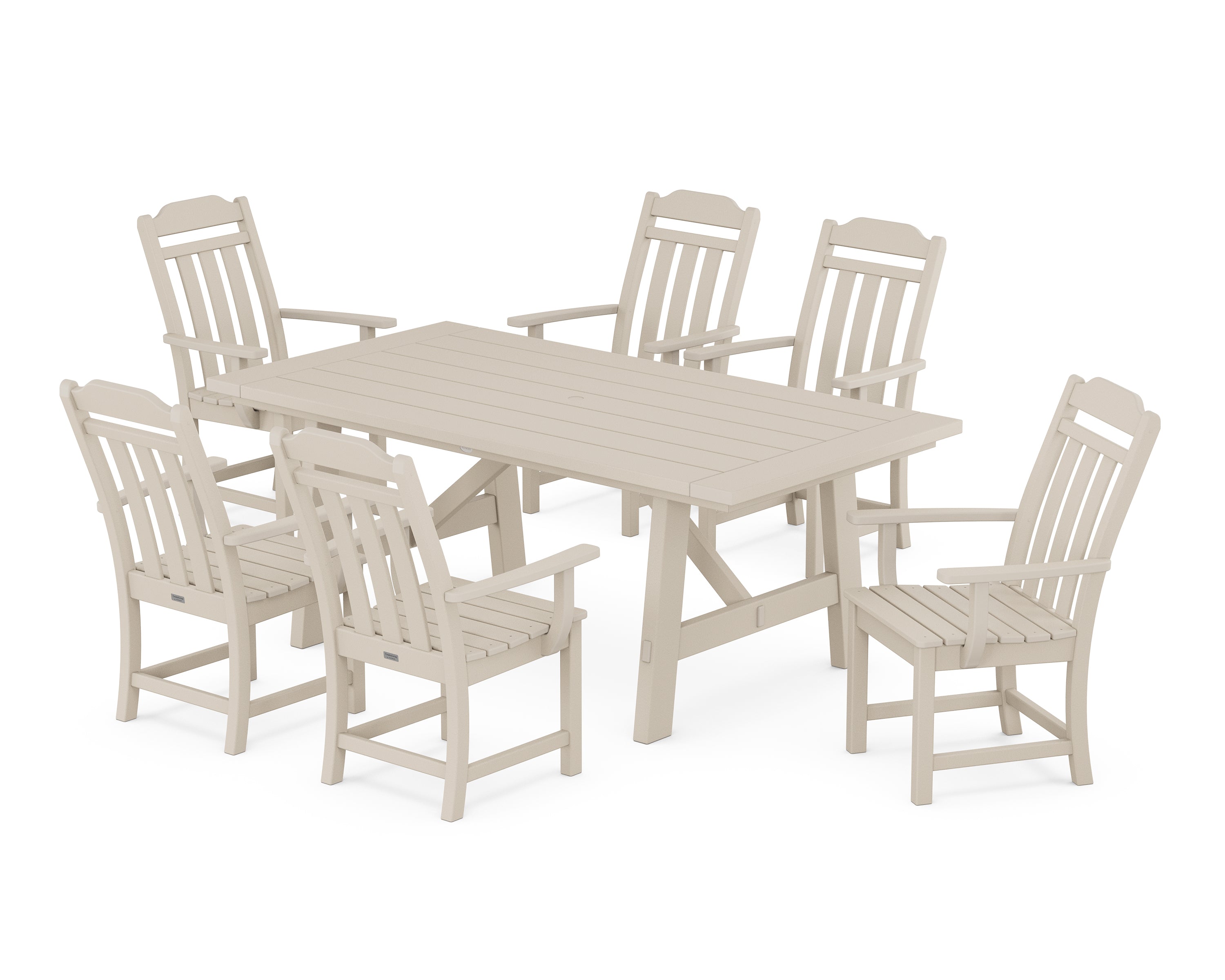 Polywood Country Living Arm Chair 7-Piece Rustic Farmhouse Dining Set in Sand