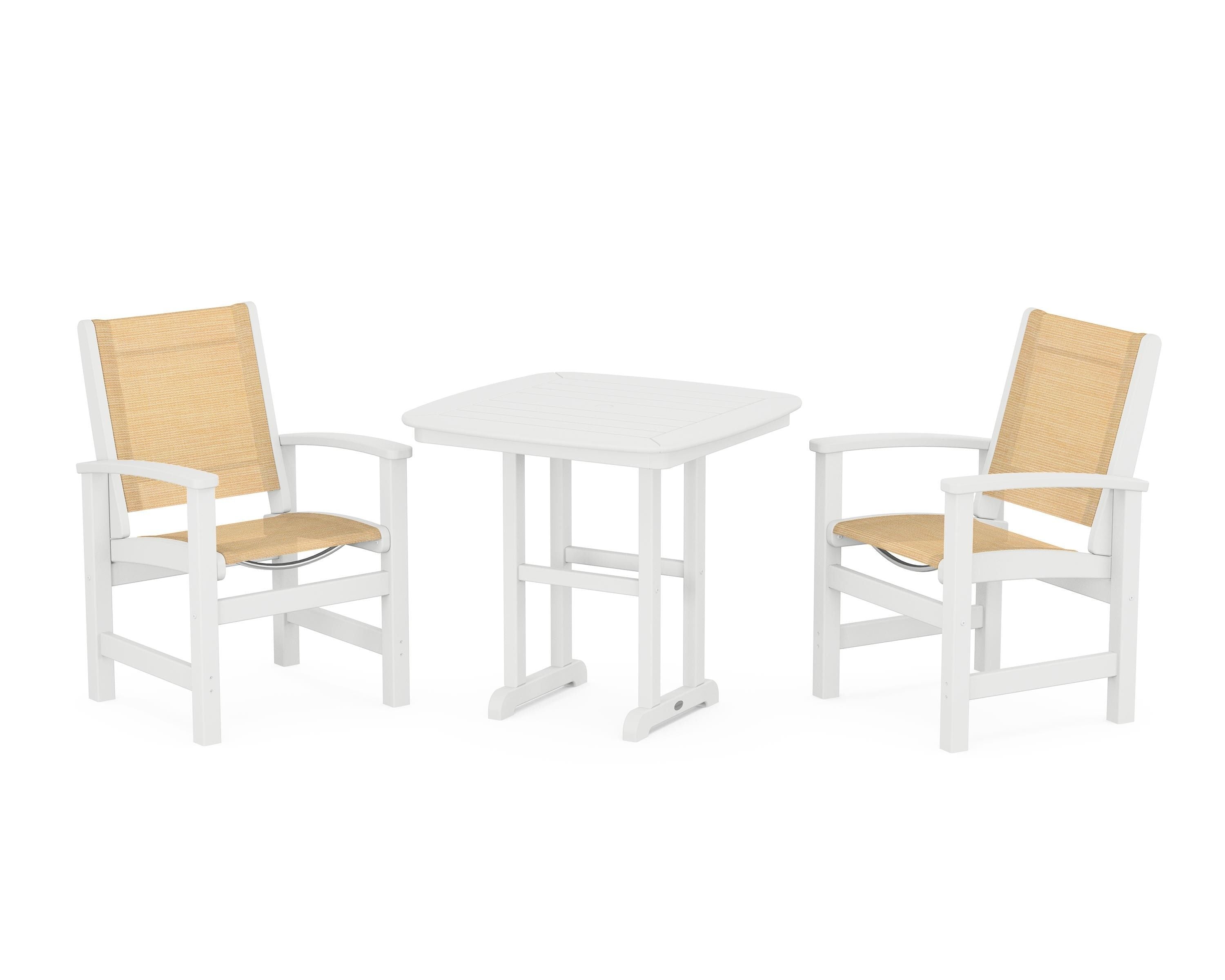 POLYWOOD Coastal 3-Piece Dining Set in White / Dupioni Apricot Sling