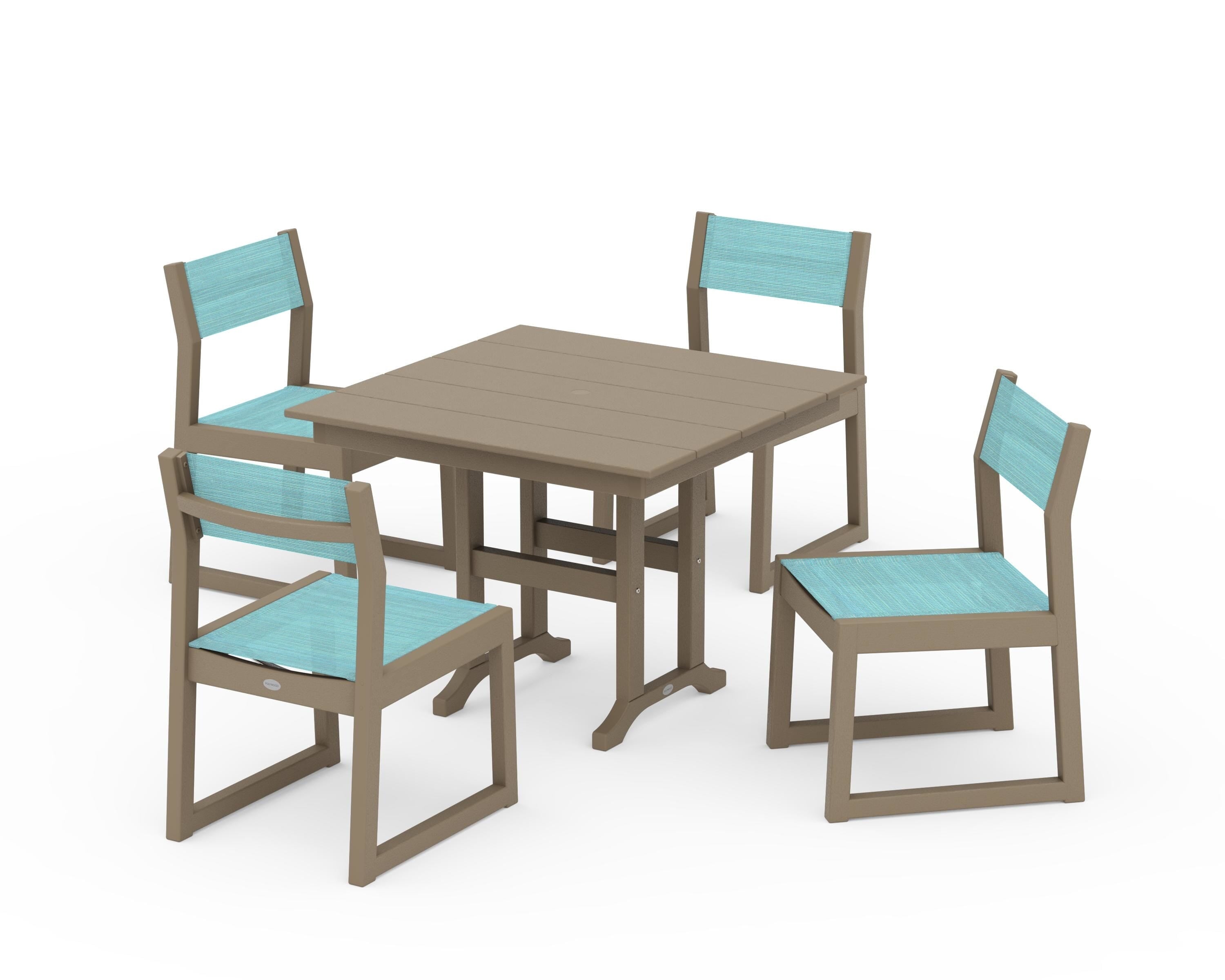 POLYWOOD EDGE Sling Side Chair 5-Piece Farmhouse Dining Set in Vintage Sahara / Dupioni Aquamarine Sling