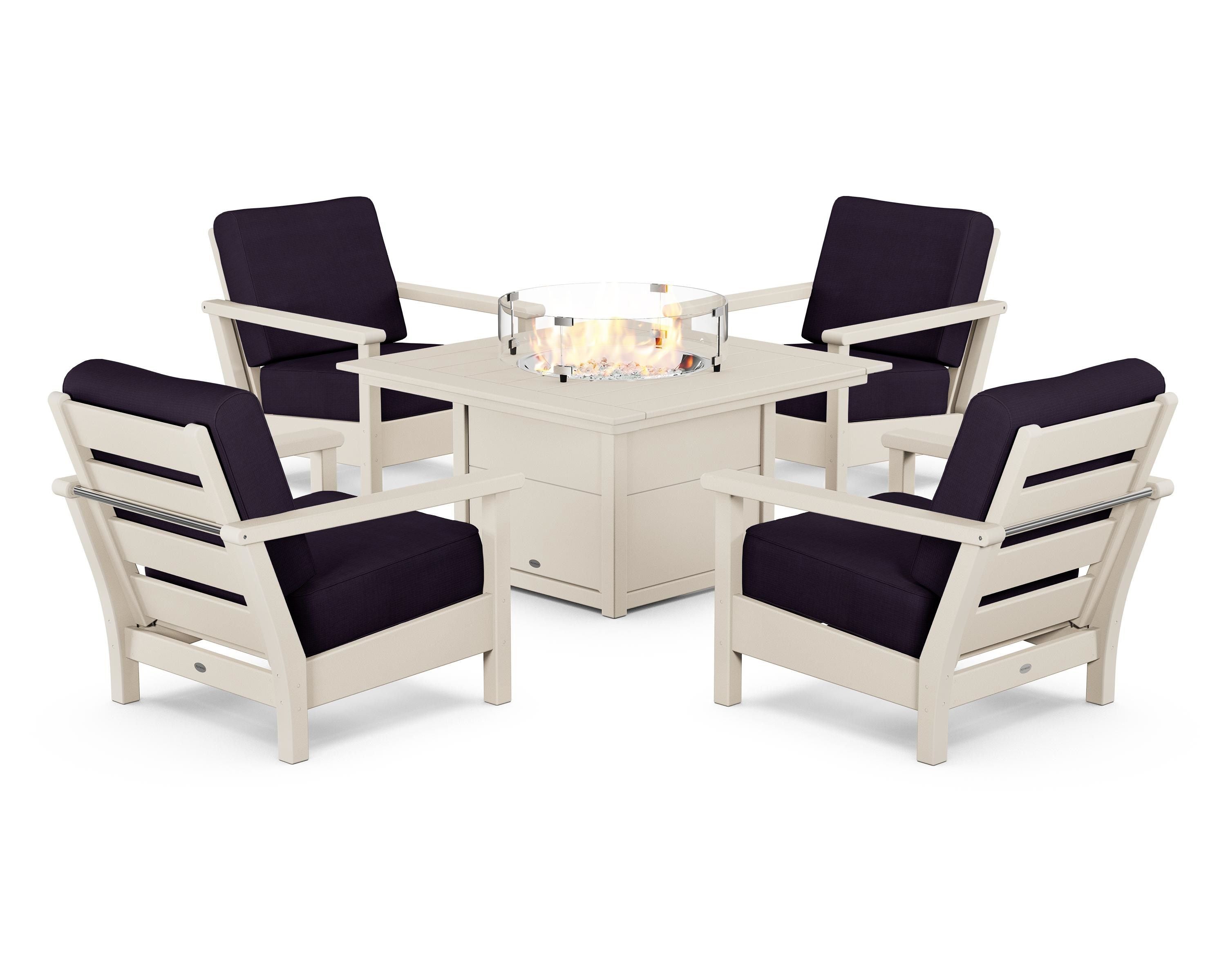 POLYWOOD Harbour 5-Piece Conversation Set with Fire Pit Table in Sand / Navy Linen
