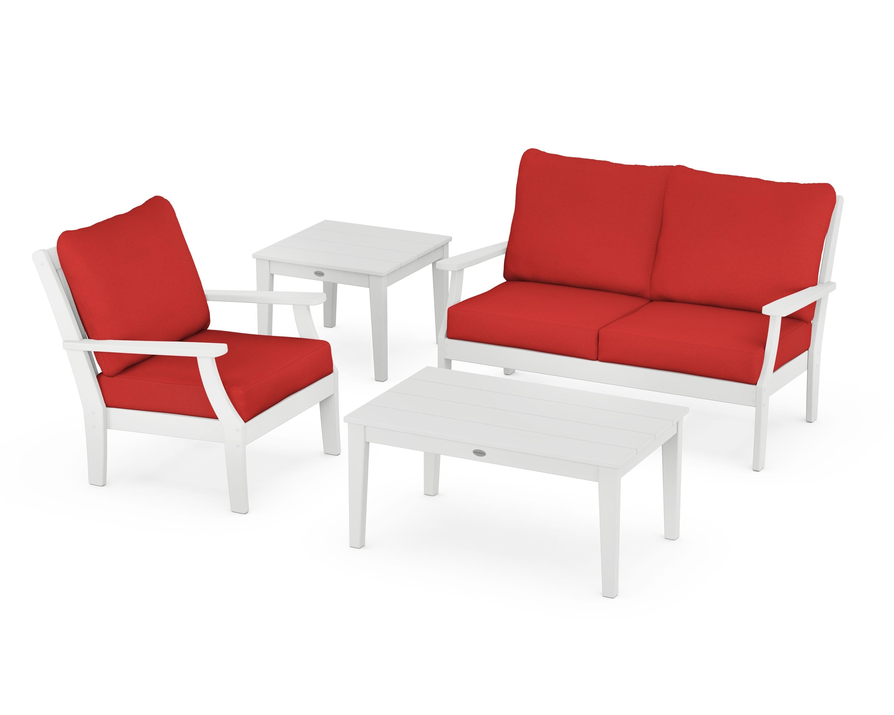 POLYWOOD Braxton 4-Piece Deep Seating Set in White / Crimson Linen