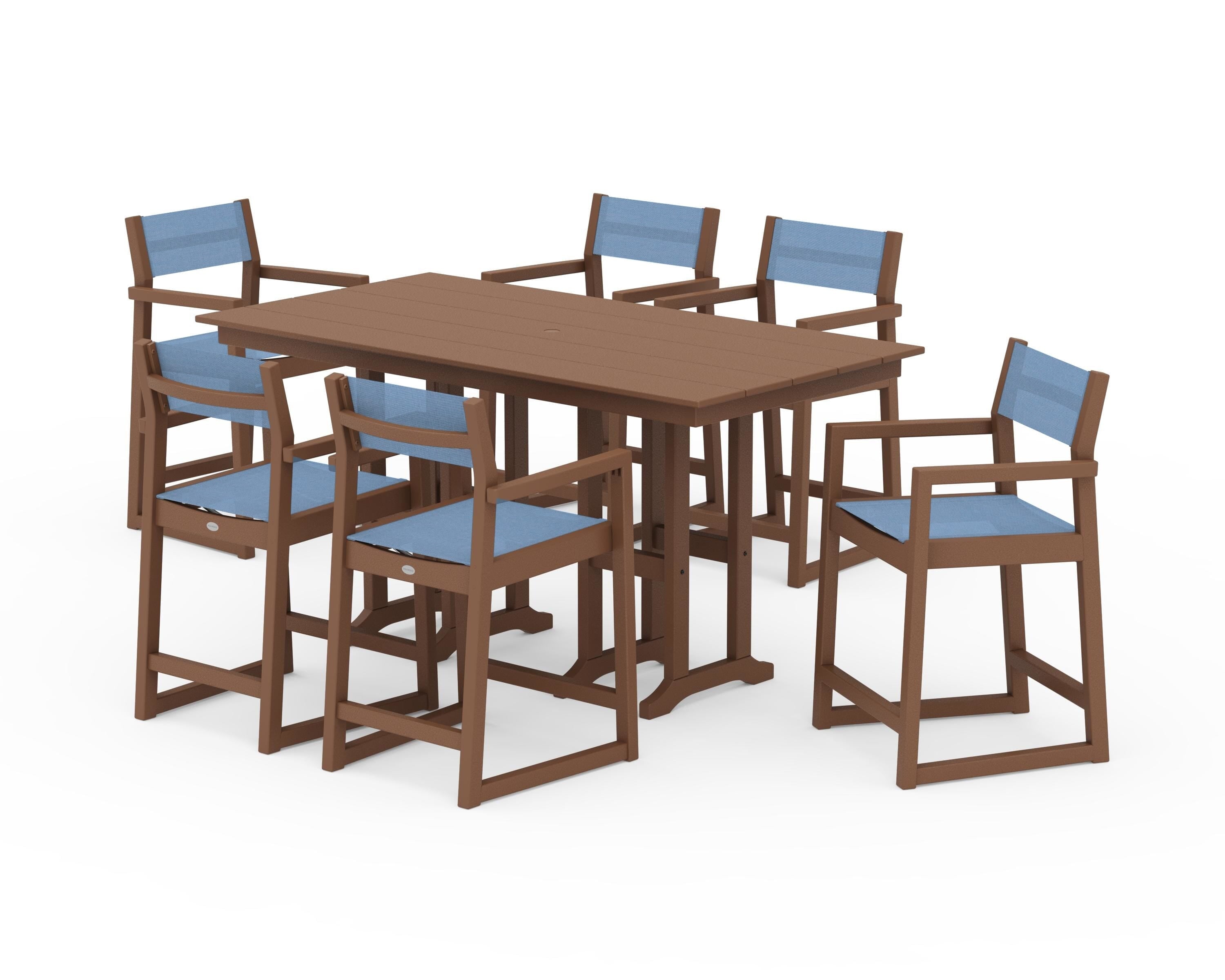 POLYWOOD EDGE Sling Arm Chair 7-Piece Farmhouse Counter Set in Teak / Poolside Sling