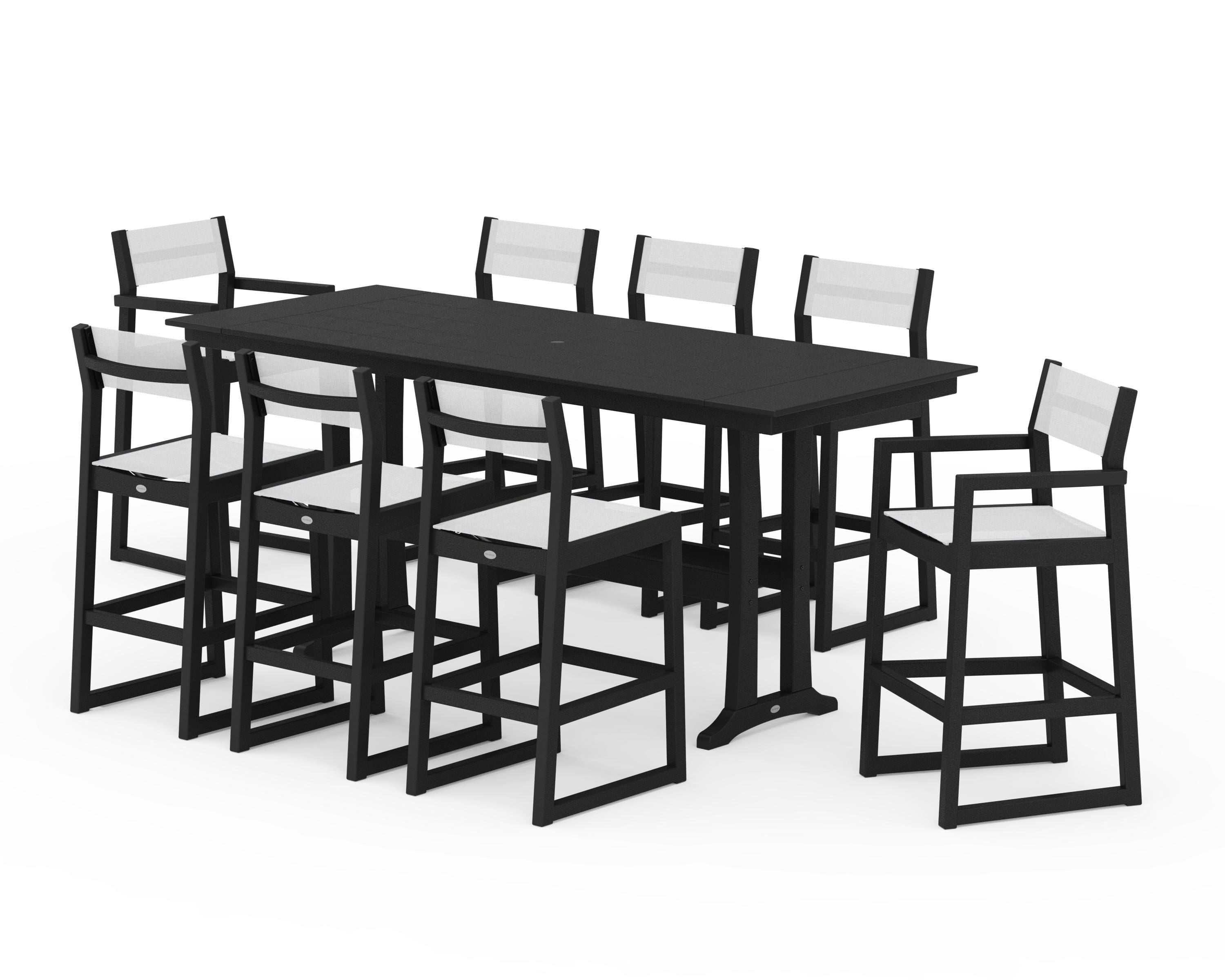POLYWOOD EDGE Sling 9-Piece Farmhouse Bar Set with Trestle Legs in Black / White Sling
