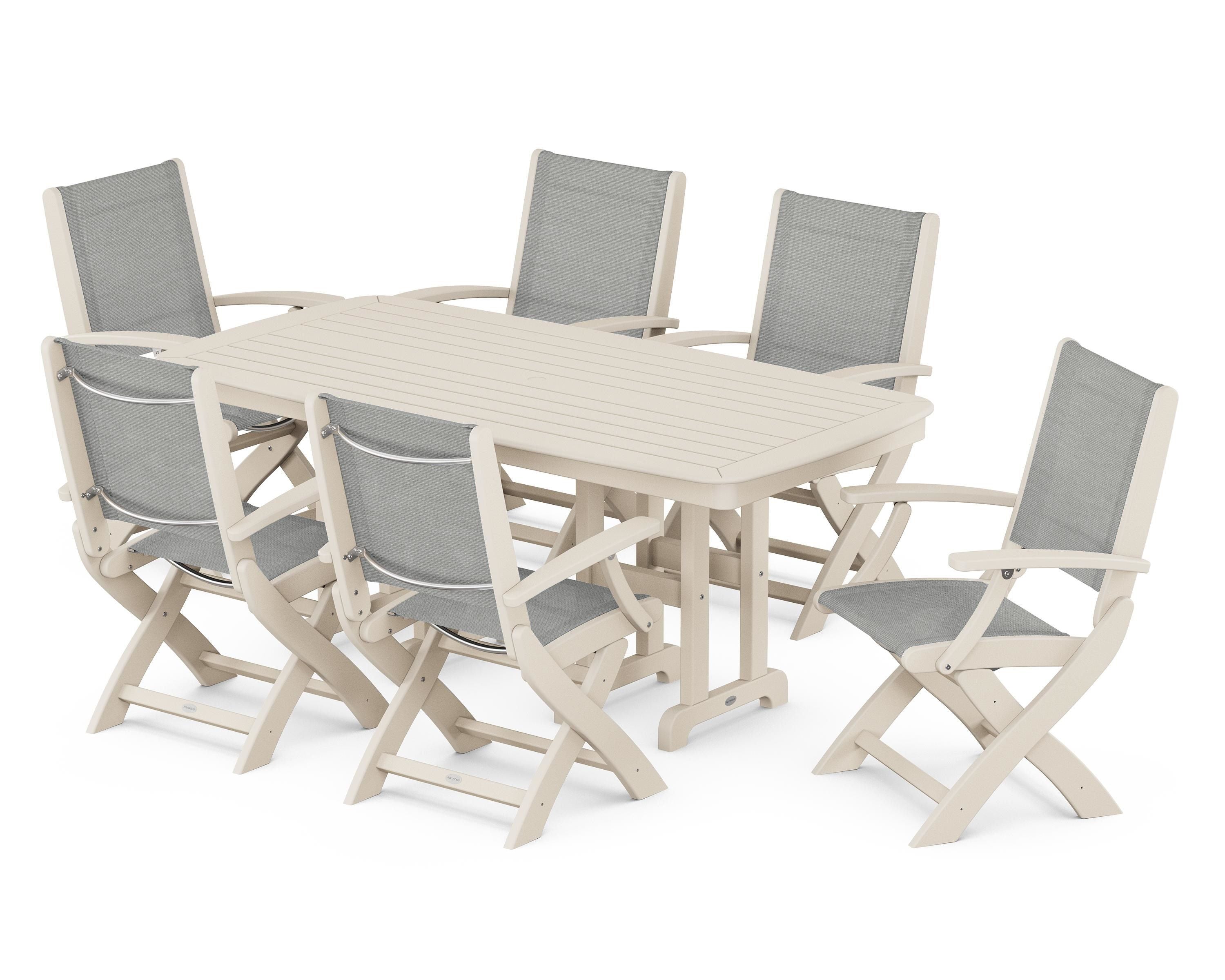 POLYWOOD Coastal Folding Arm Chair 7-Piece Dining Set in Sand / Metallic Sling