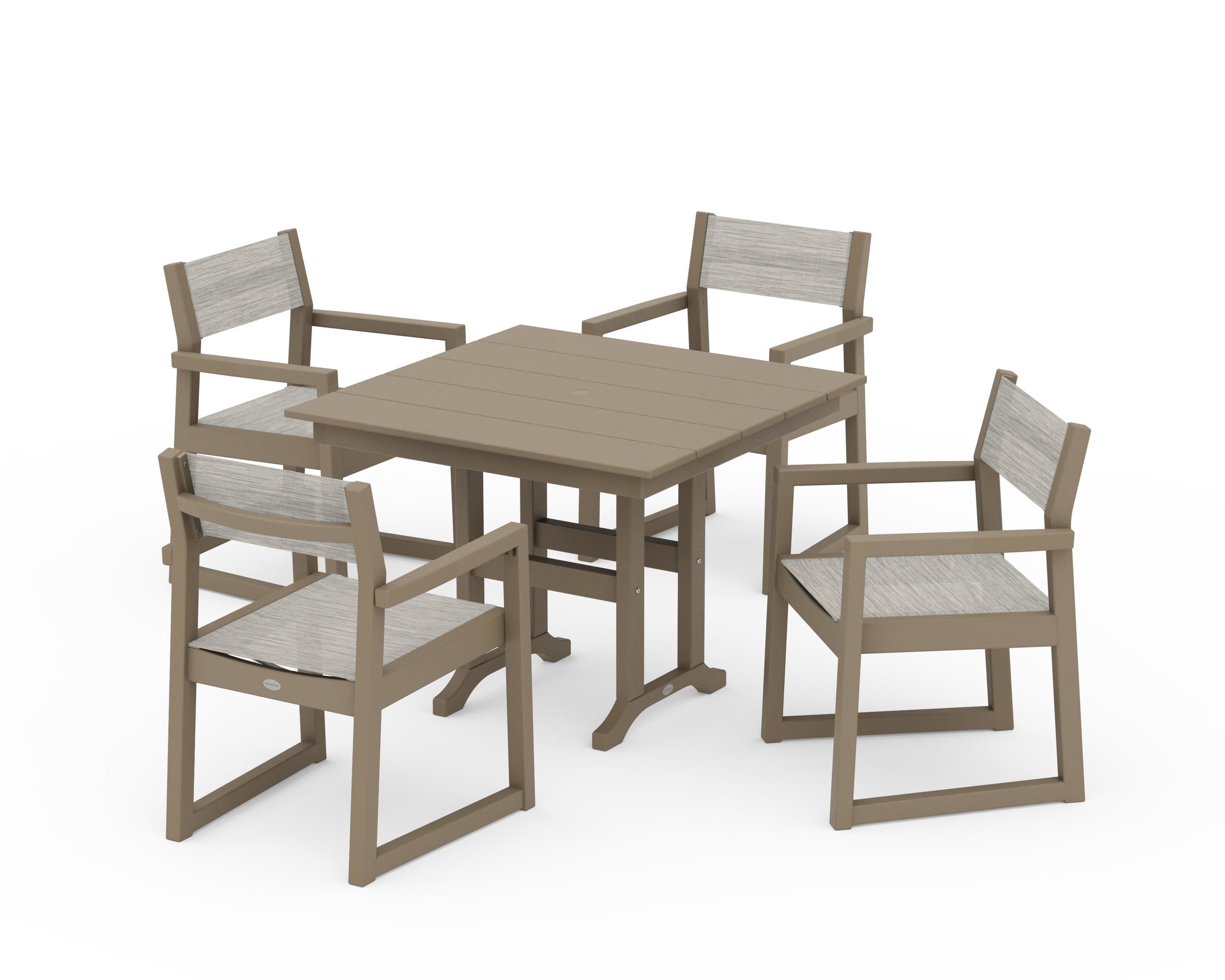 POLYWOOD EDGE Sling Arm Chair 5-Piece Farmhouse Dining Set in Vintage Sahara / Birch Sling