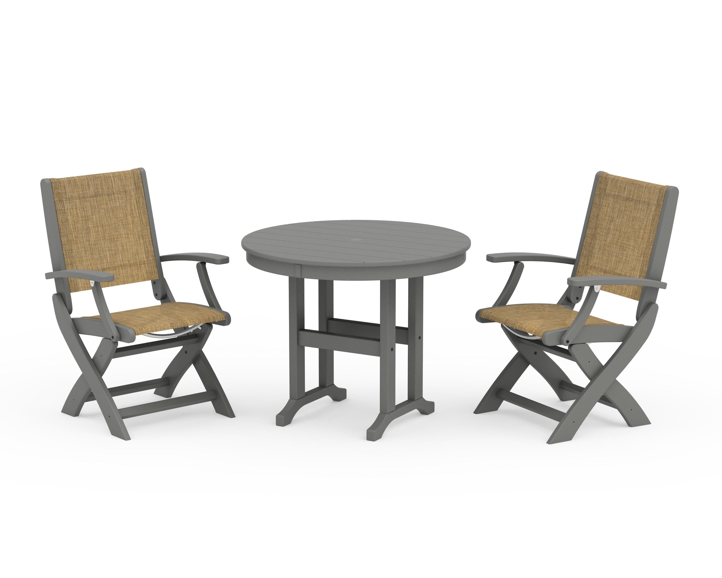 POLYWOOD Coastal Folding Chair 3-Piece Round Dining Set in Slate Grey / Burlap Sling
