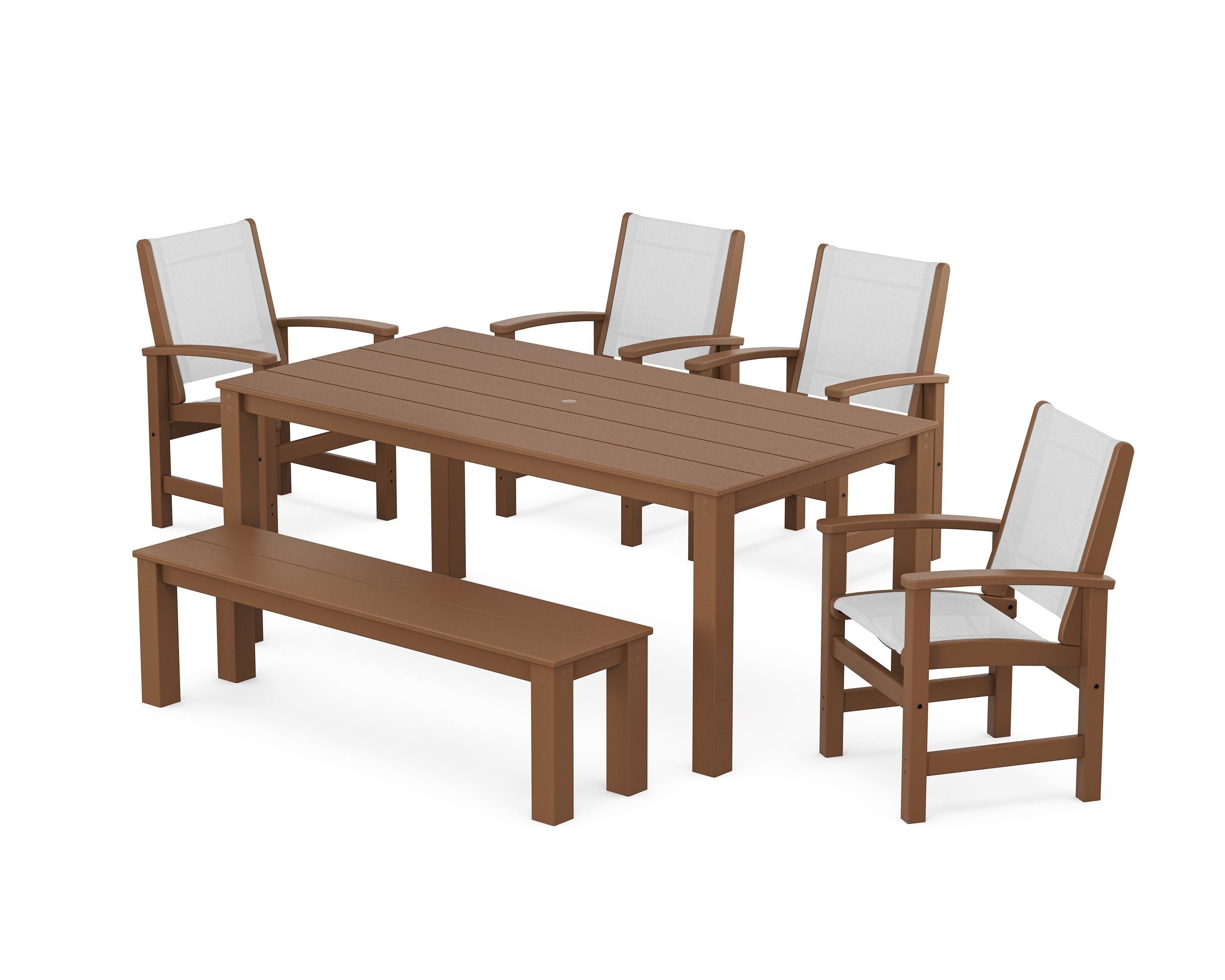 POLYWOOD Coastal 6-Piece Parsons Dining Set with Bench in Teak / White Sling