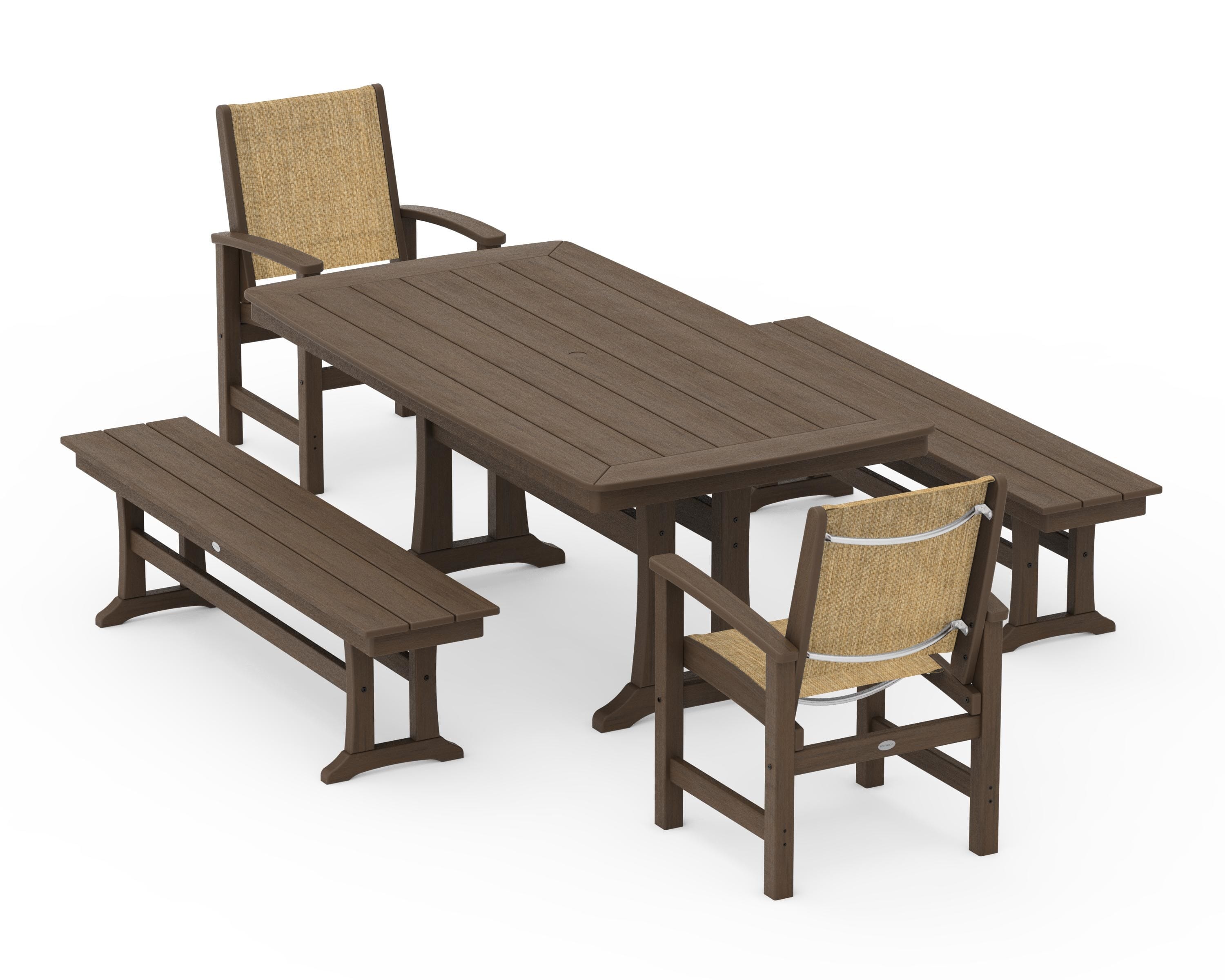 POLYWOOD Coastal 5-Piece Dining Set with Trestle Legs and Benches in Kona / Burlap Sling