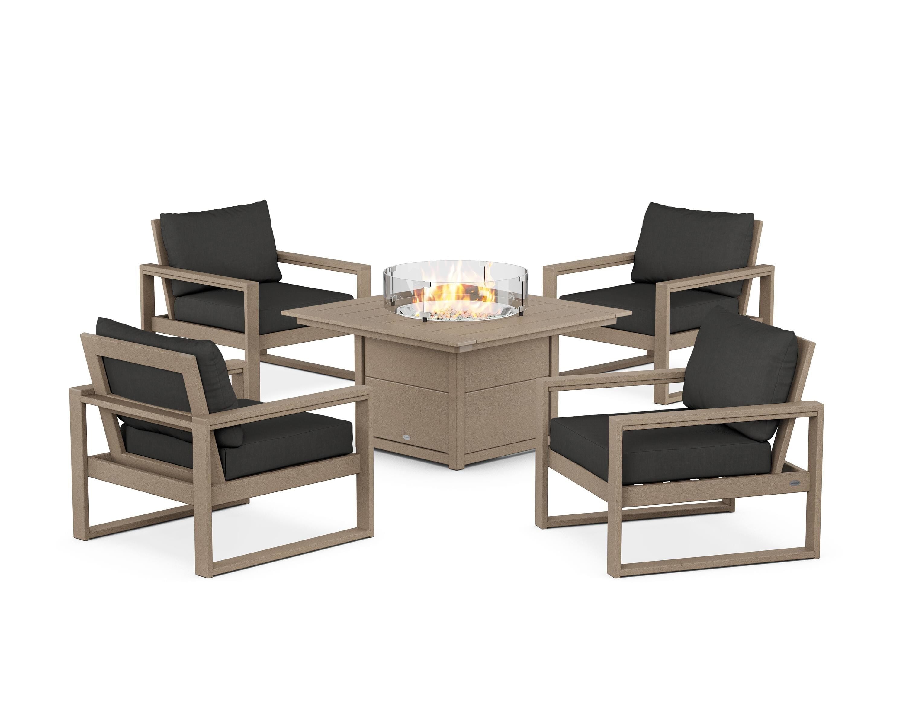 POLYWOOD EDGE Sectional 5-Piece Deep Seating Set with Fire Pit Table in Vintage Sahara / Spectrum Carbon