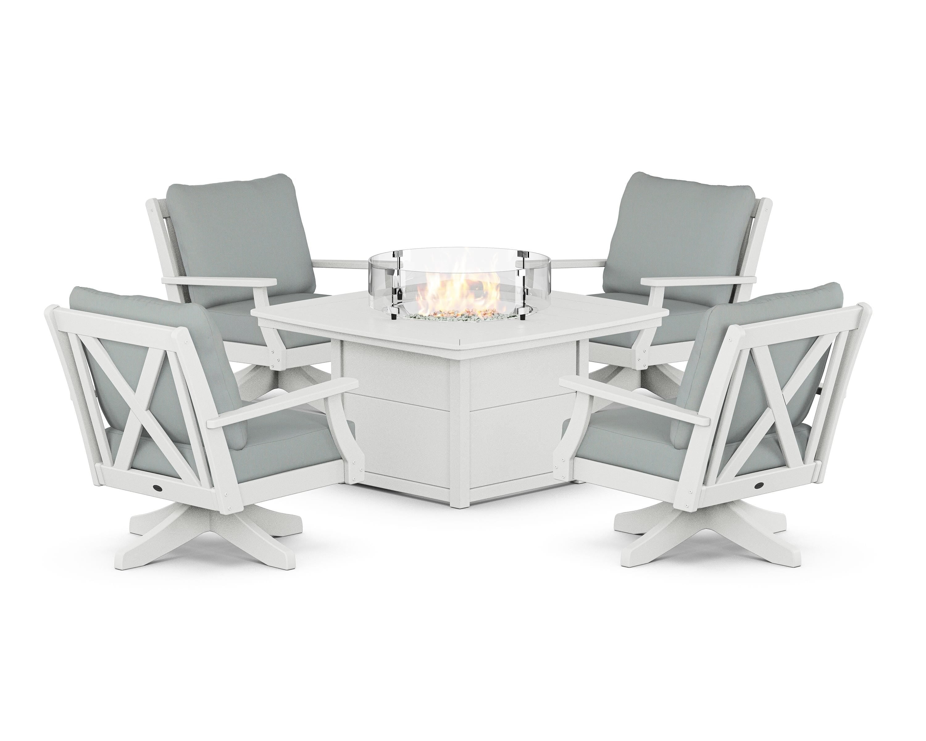 POLYWOOD Braxton 5-Piece Deep Seating Swivel Conversation Set with Fire Pit Table in White / Spa
