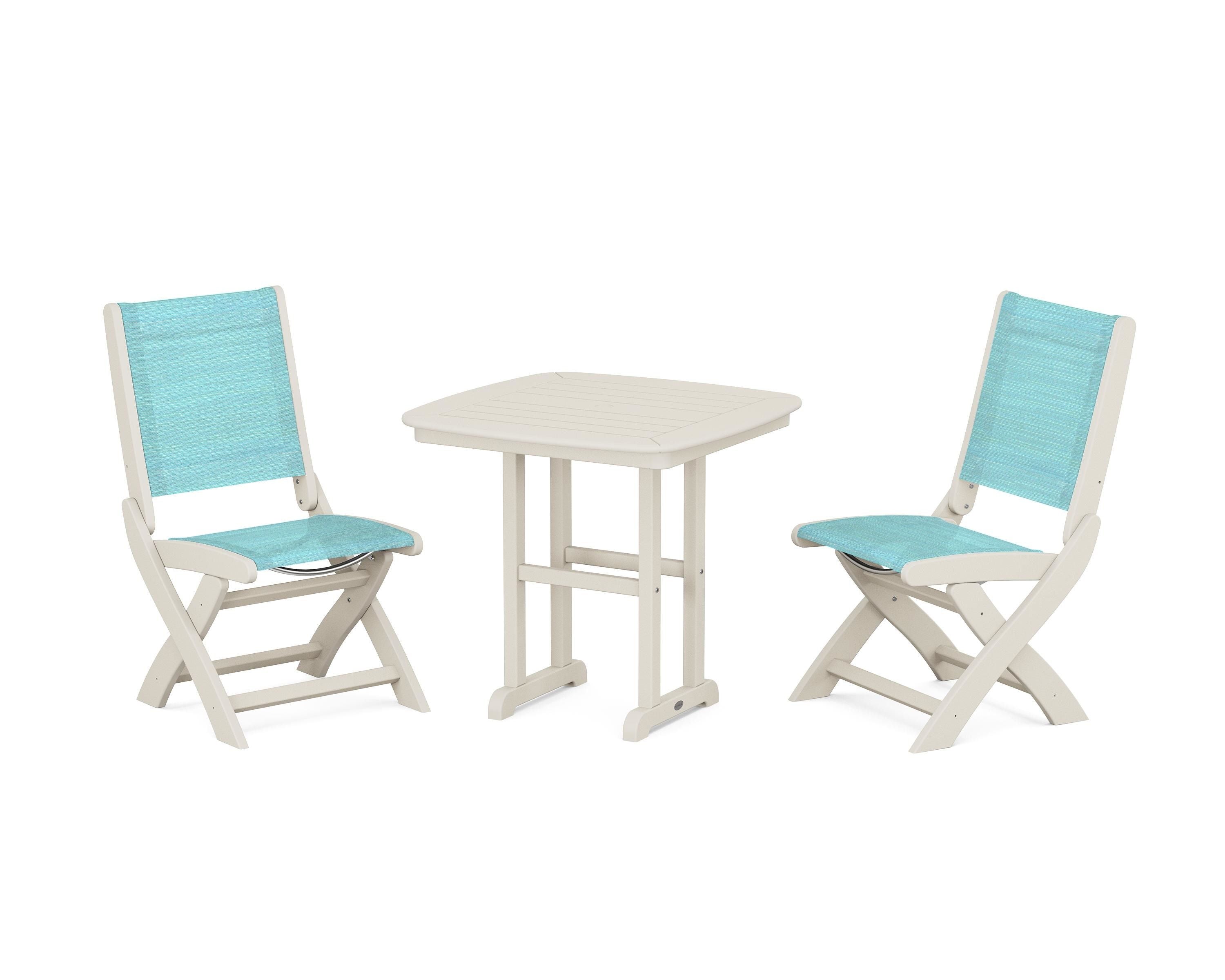 POLYWOOD Coastal Folding Side Chair 3-Piece Dining Set in Sand / Dupioni Aquamarine Sling