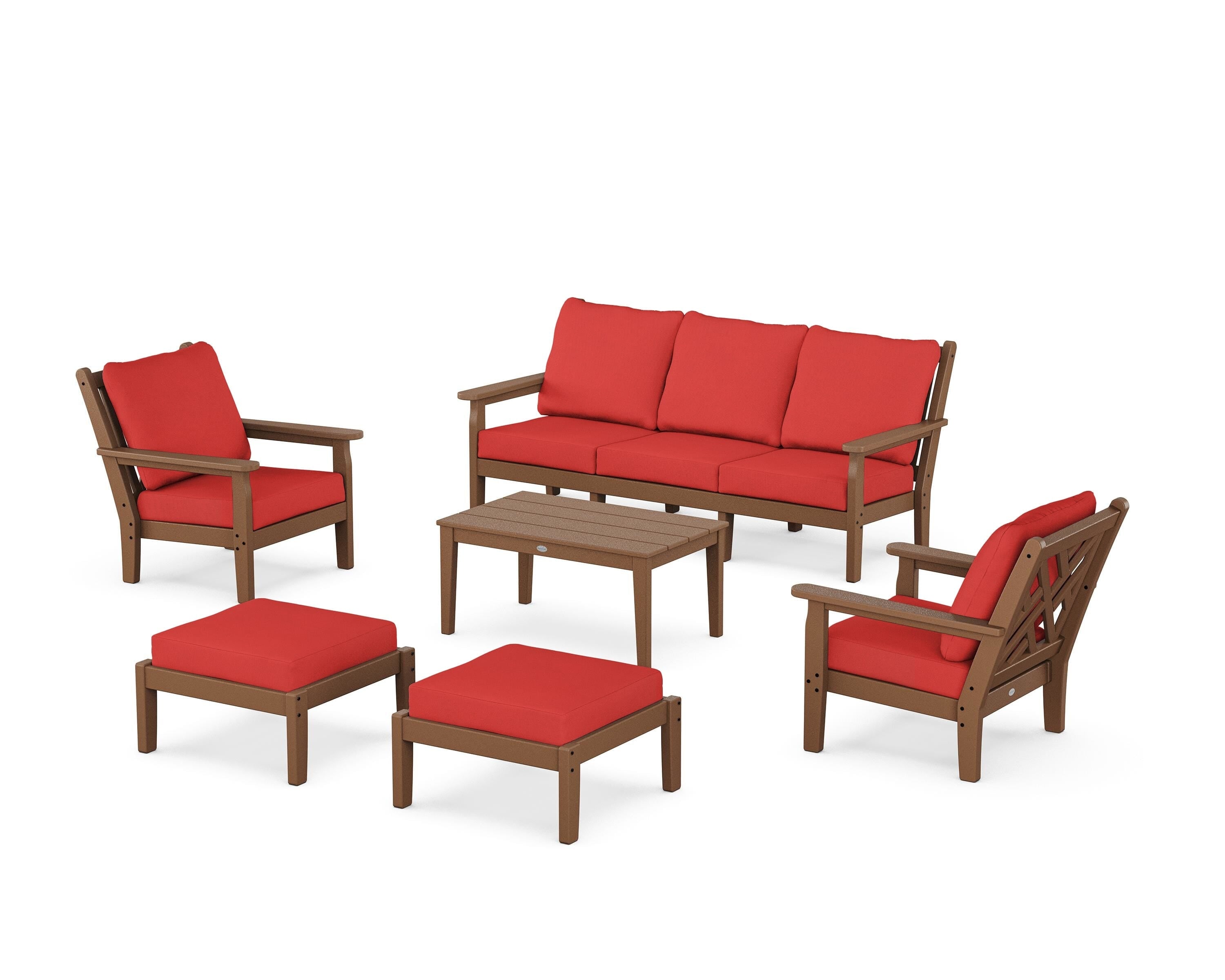 POLYWOOD Chippendale 6-Piece Lounge Sofa Set in Teak / Crimson Linen