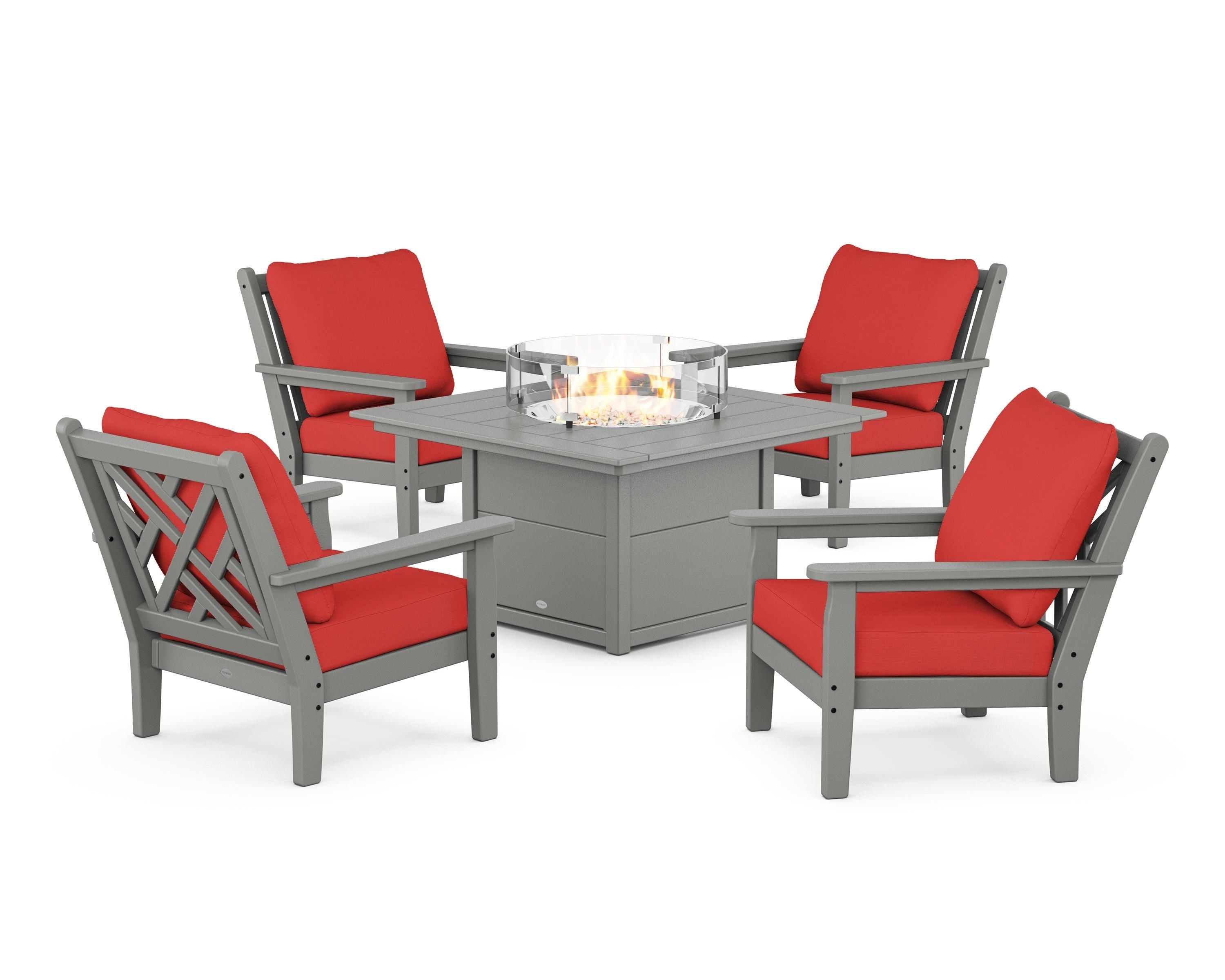 POLYWOOD Chippendale 5-Piece Deep Seating Set with Fire Pit Table in Slate Grey / Crimson Linen