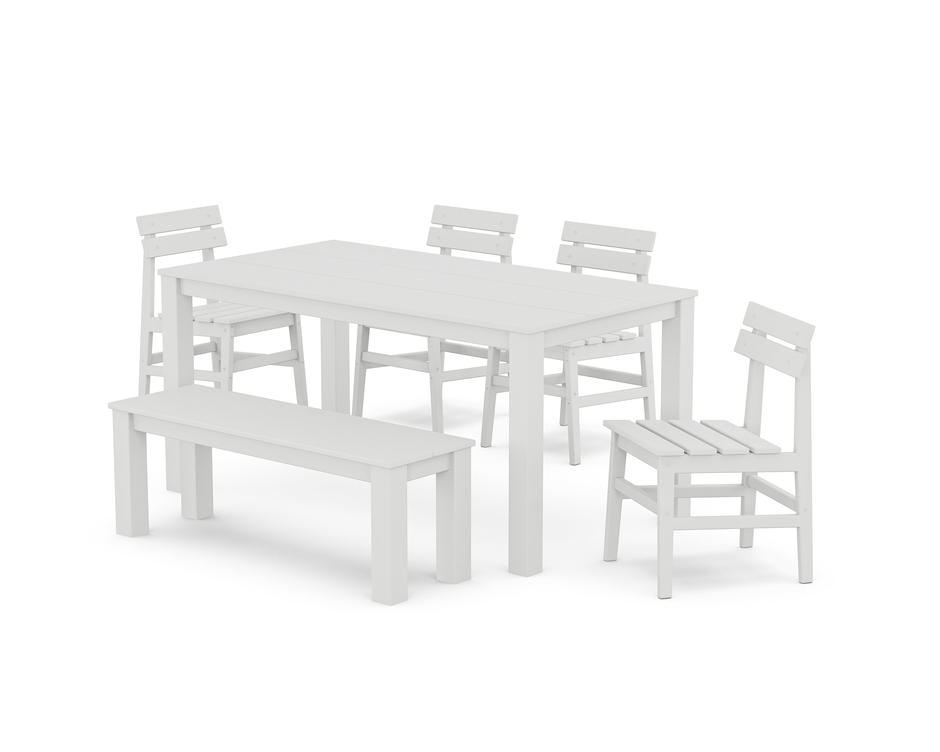 POLYWOOD® Modern Studio Plaza Chair 6-Piece Parsons Dining Set with Bench in White