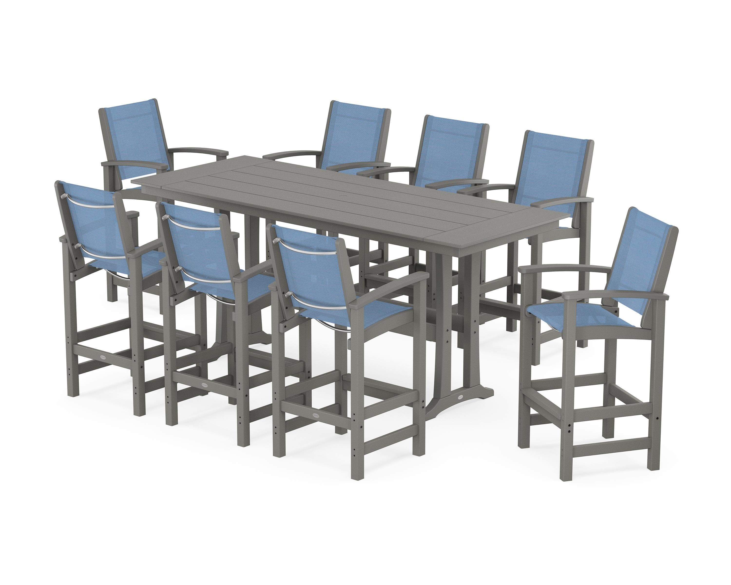 POLYWOOD Coastal 9-Piece Farmhouse Bar Set with Trestle Legs in Slate Grey / Poolside Sling