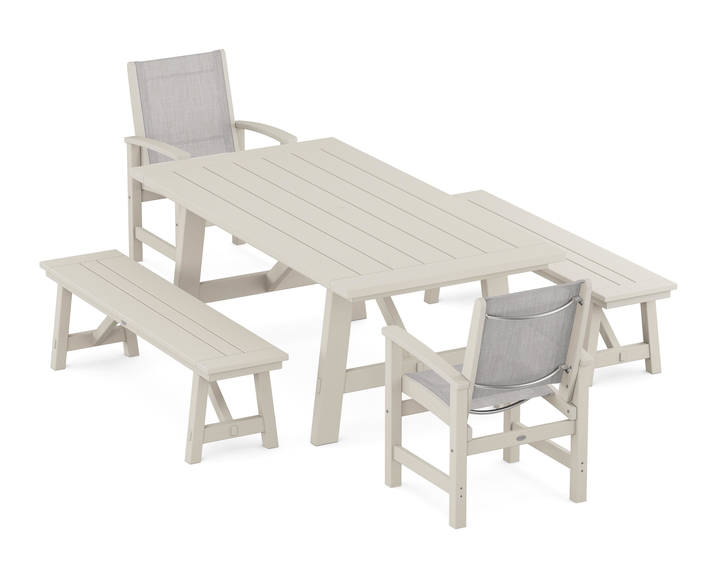 POLYWOOD Coastal 5-Piece Rustic Farmhouse Dining Set With Benches in Sand / Parchment Sling