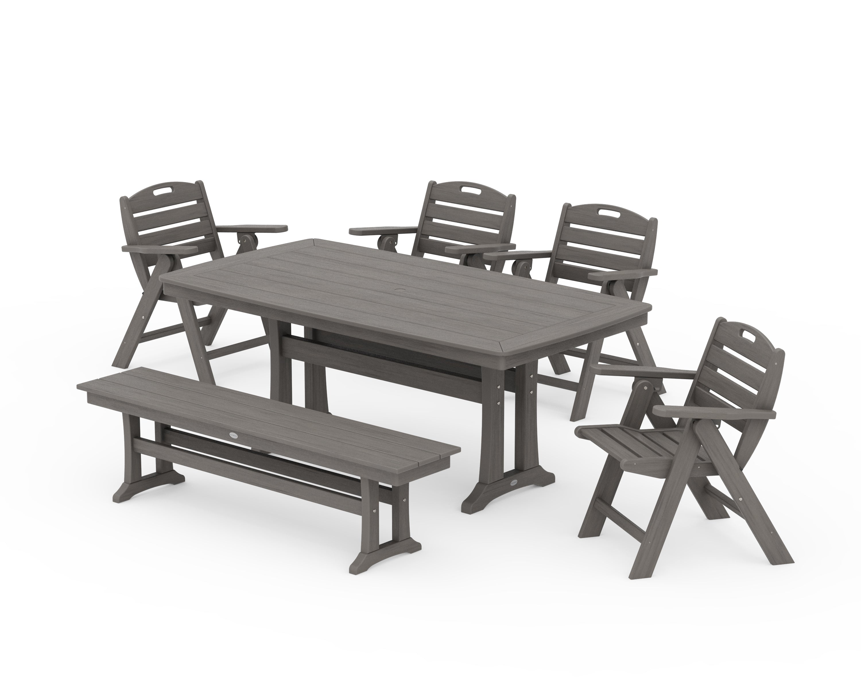 POLYWOOD Nautical Lowback 6-Piece Dining Set with Trestle Legs and Bench in Driftwood
