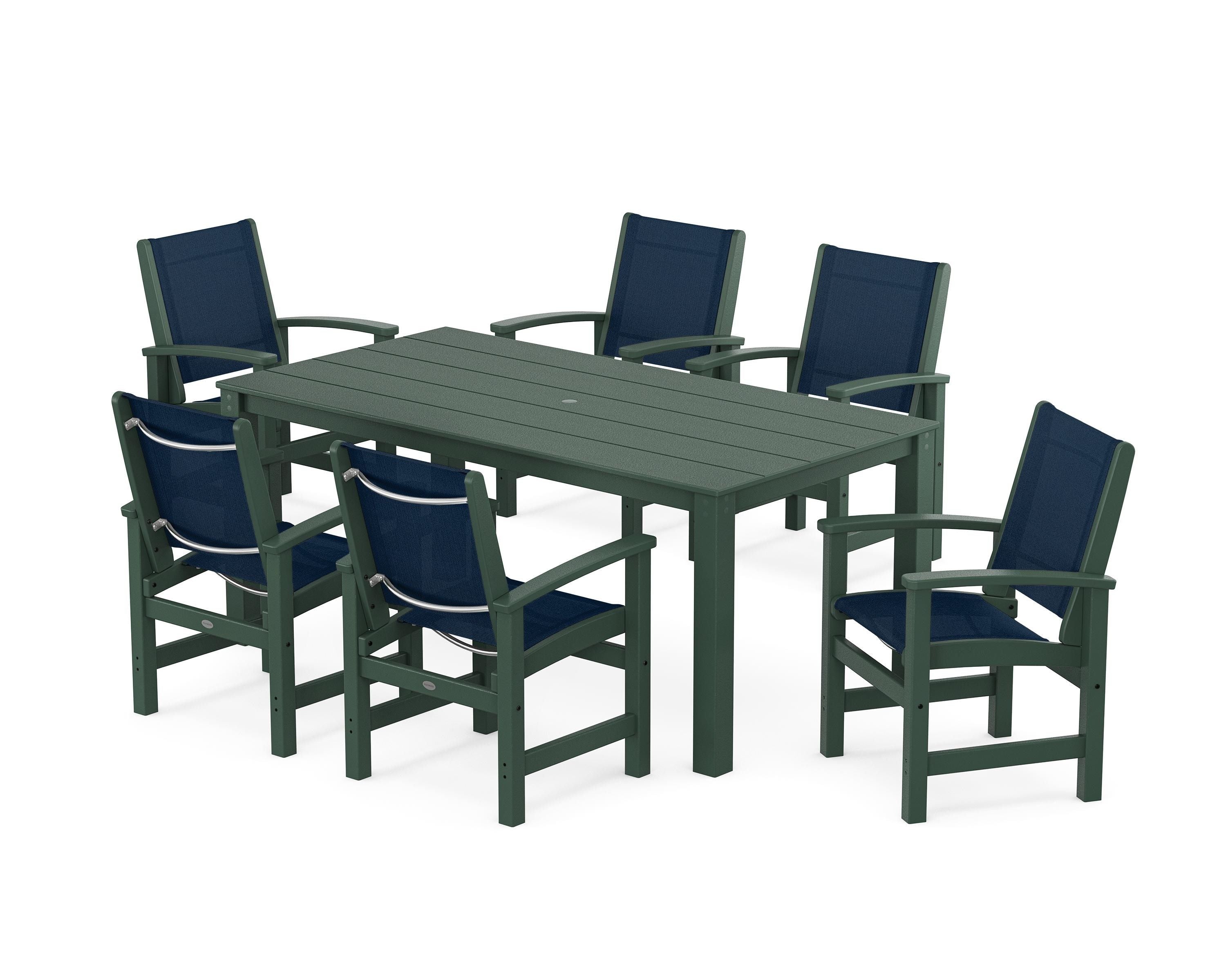 POLYWOOD Coastal 7-Piece Parsons Dining Set in Green / Navy Blue Sling