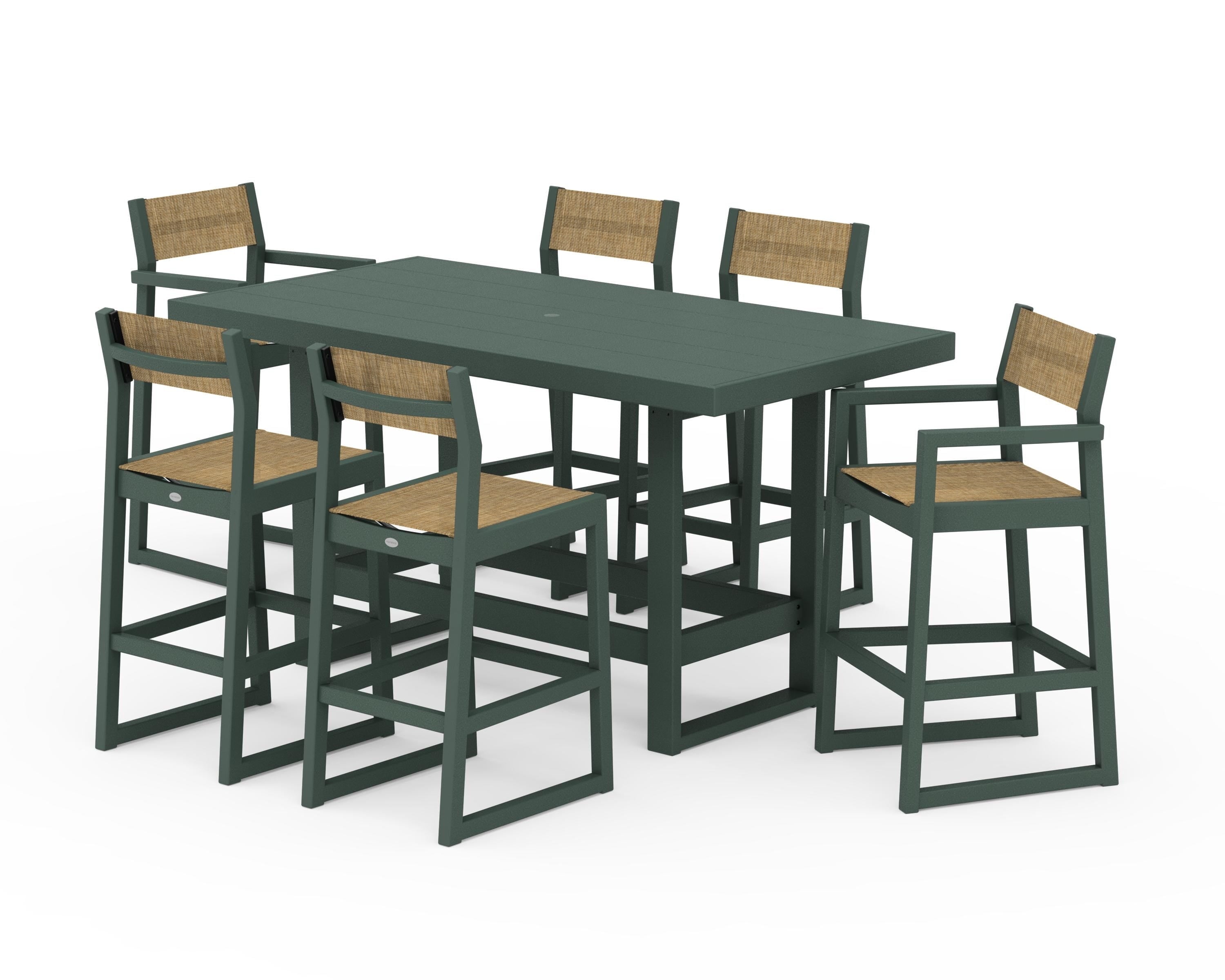 POLYWOOD EDGE Sling 7-Piece Bar Table Set in Green / Burlap Sling