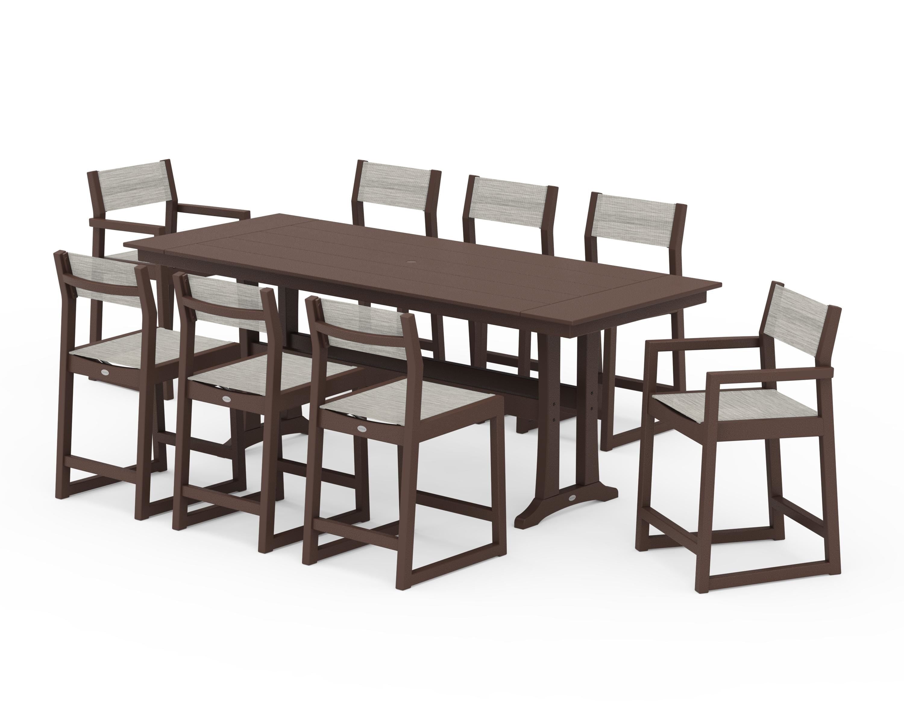 POLYWOOD EDGE Sling 9-Piece Farmhouse Counter Set with Trestle Legs in Mahogany / Birch Sling