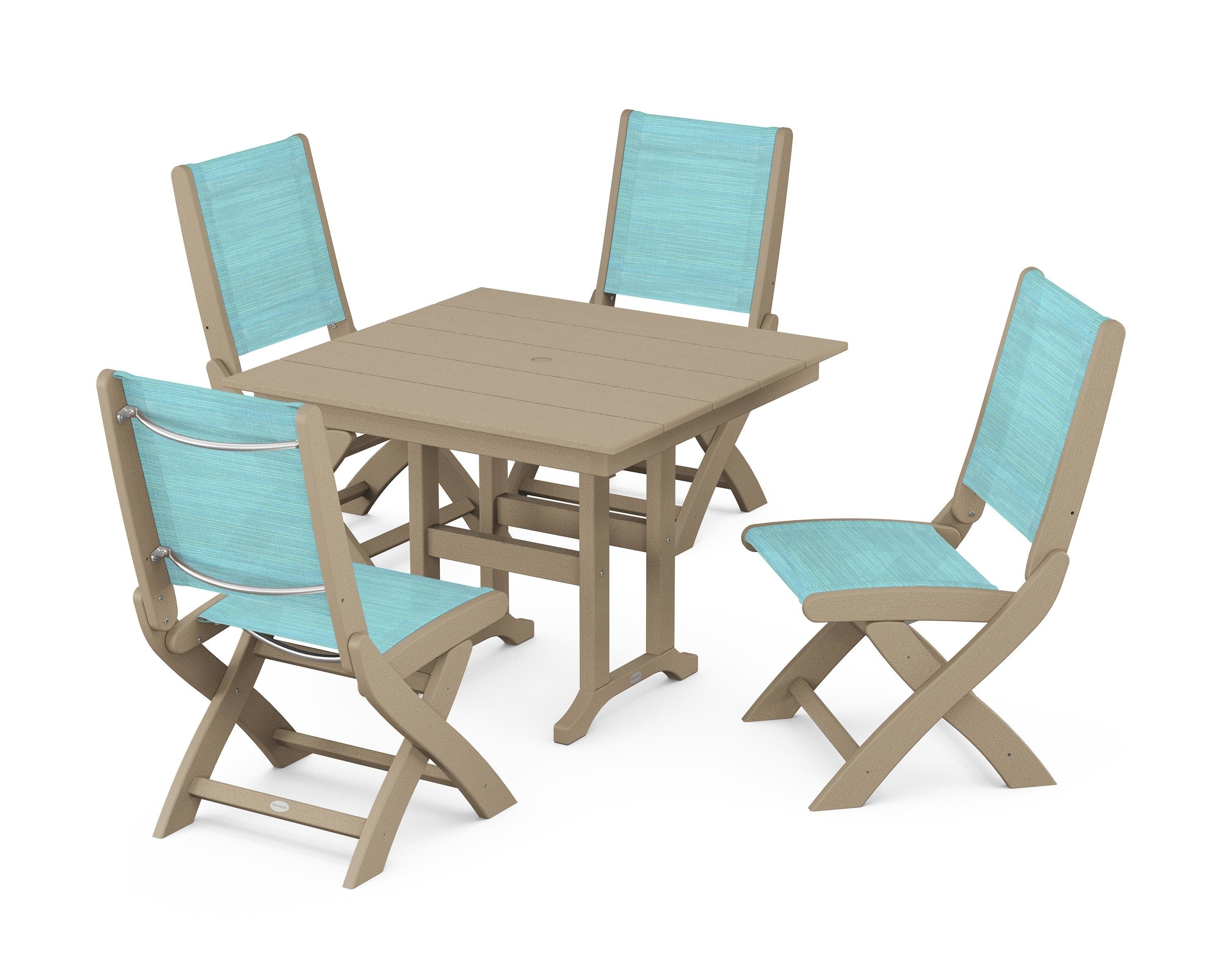 POLYWOOD Coastal Folding Side Chair 5-Piece Farmhouse Dining Set in Vintage Sahara / Dupioni Aquamarine Sling
