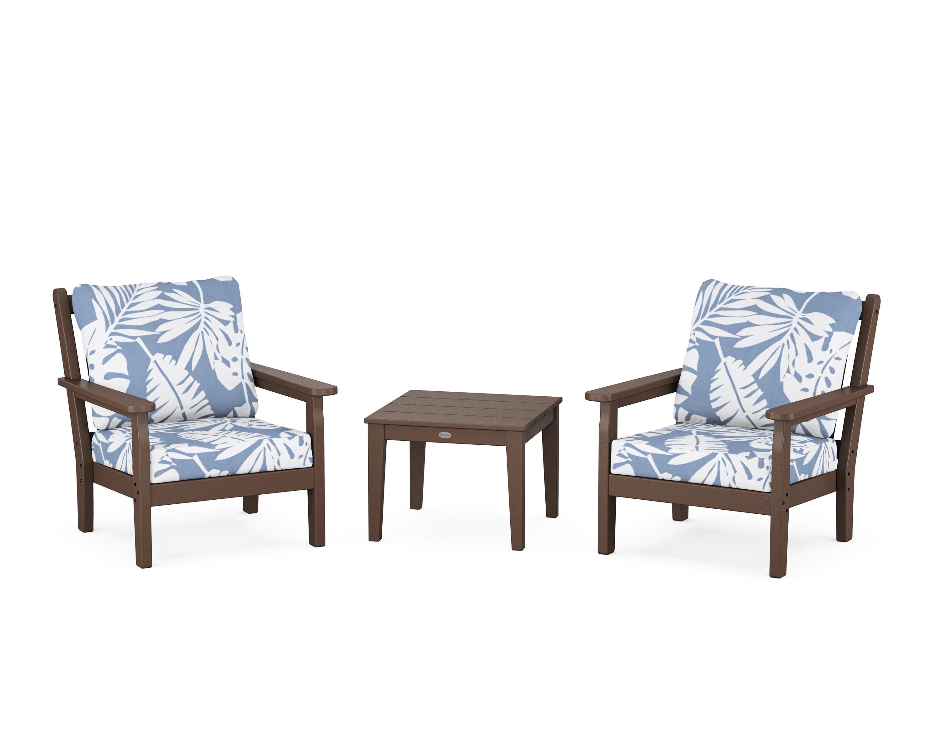 POLYWOOD Chippendale 3-Piece Deep Seating Set in Mahogany / Leaf Sky Blue