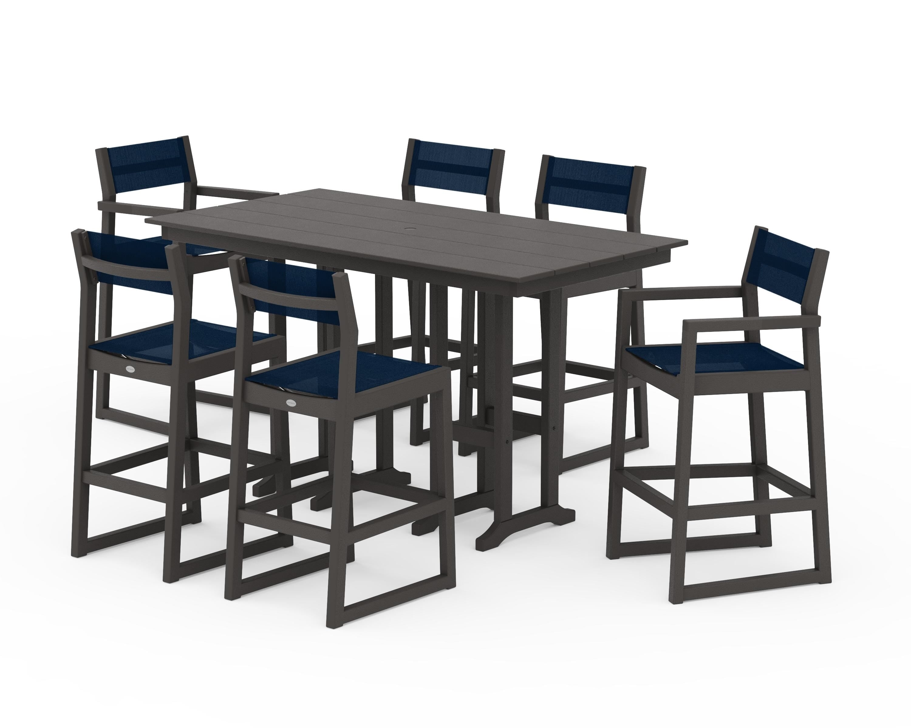 POLYWOOD EDGE Sling 7-Piece Farmhouse Bar Set in Vintage Coffee / Navy Blue Sling